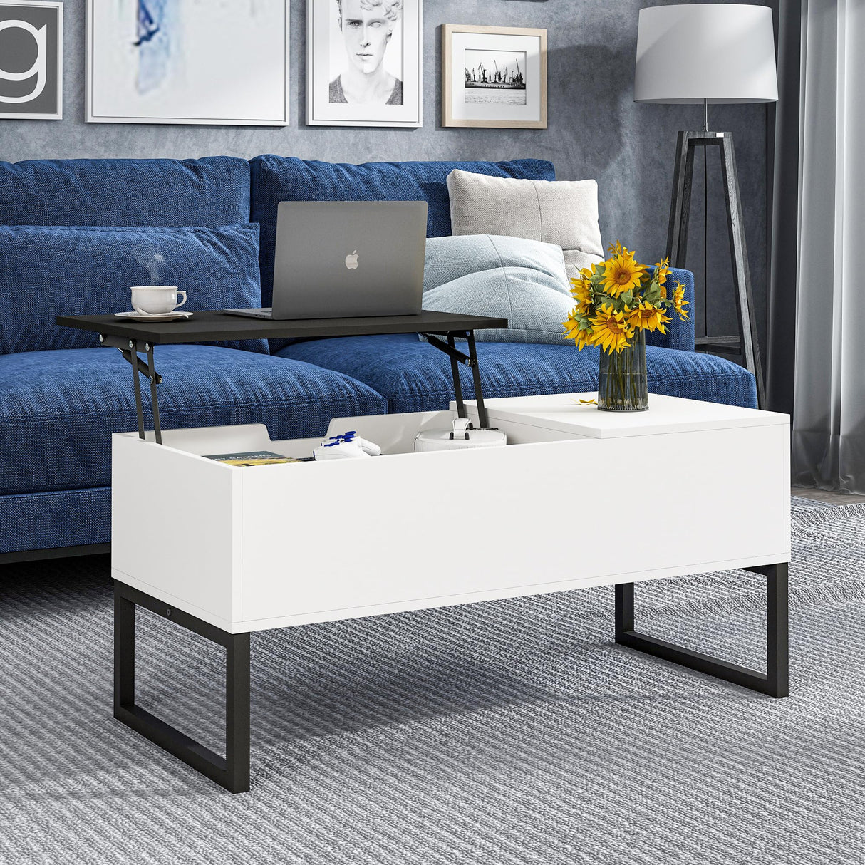 Koifuxii White Coffee Table with Black Lift Top - Modern Industrial Coffee Table with Lifting Top and Hide Compartment Storage - 40 Inch Rectangle Lift Coffee Tables for Living Room Koifuxii