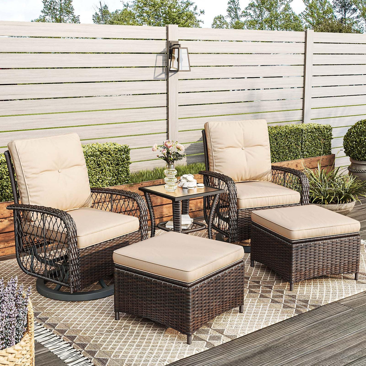 Jolydale 5 Pieces Patio Furniture Set Outdoor Wicker Rattan Swivel Gliders Rocker Patio Bistro Set with Rocking Chairs and Side Table for Deck, Backyard, and Porch, Beige Jolydale