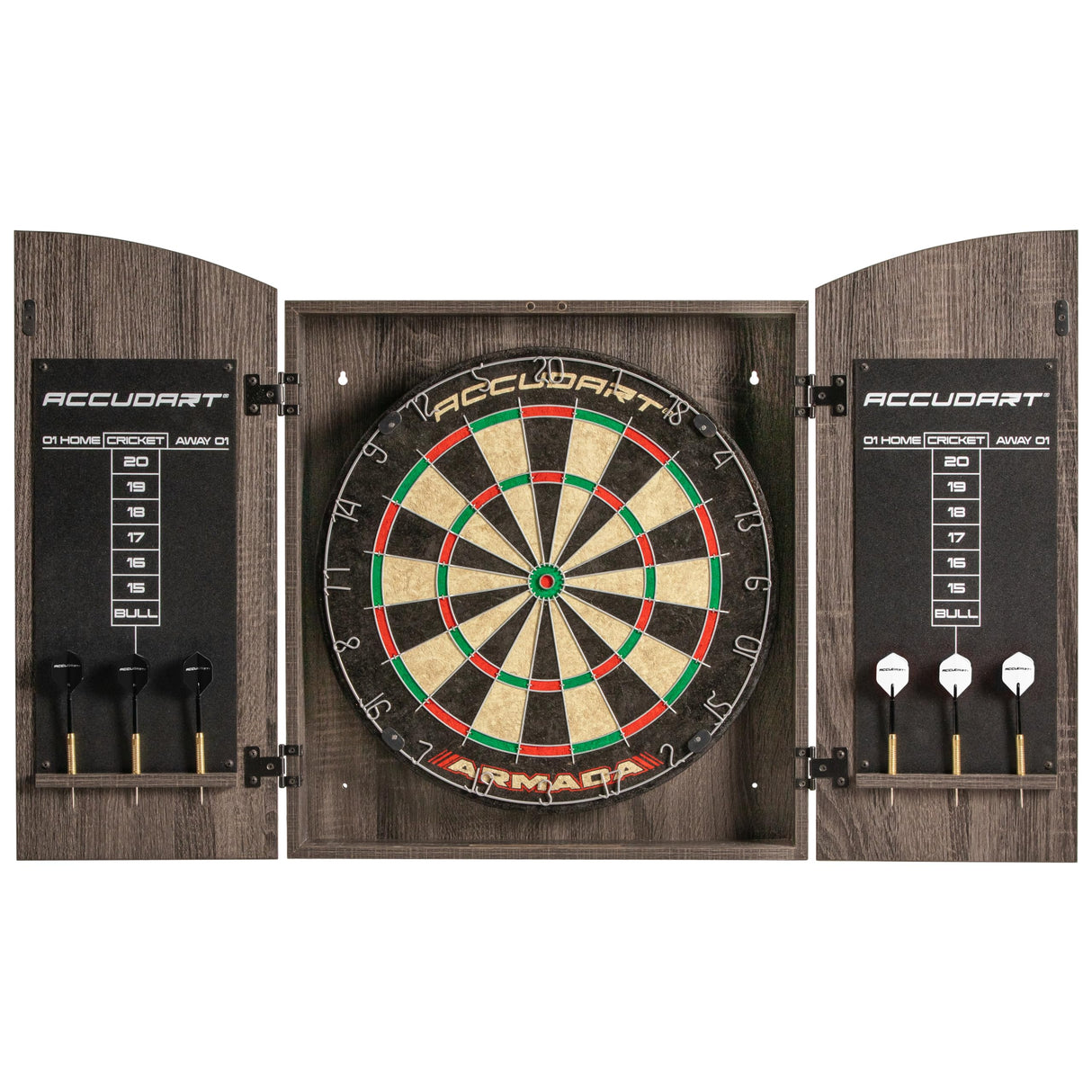 Accudart Armada Bristle Dartboard Cabinet Set - Official Size 18" x 1.5" - Self Healing Genuine Sisal - Wall Mount Cabinet Set - Round Spider Wires Reduce Bounce Outs - Rotatable Metal Number Ring Accudart