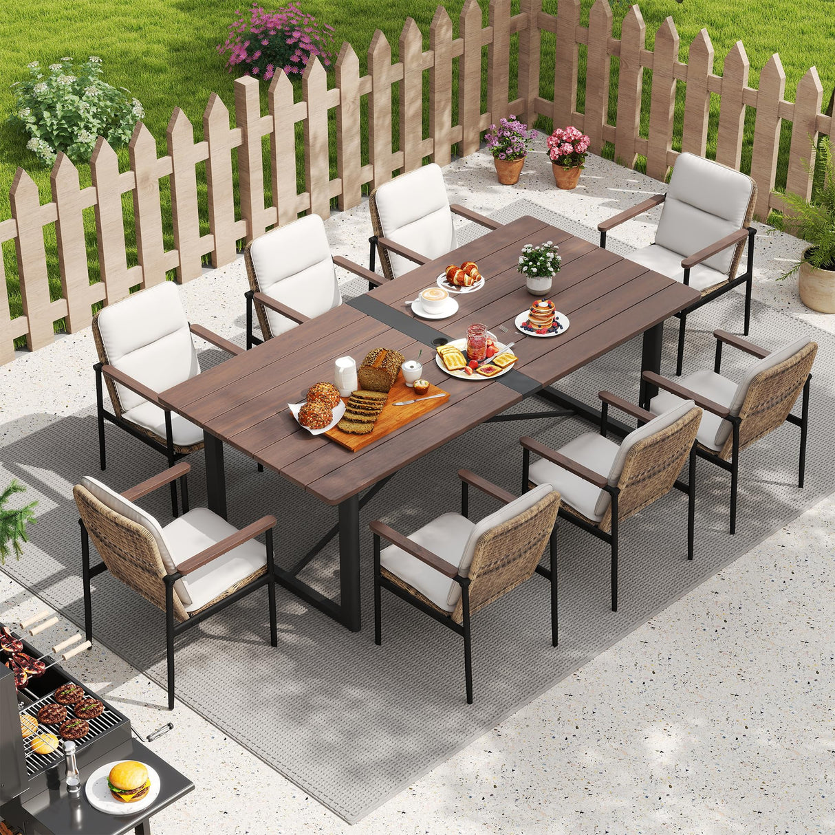 HAPPATIO 9 Piece Patio Dining Set Outdoor, 8 Wicker Chairs with Aluminum Frame and Olefin Cushions, Large Wooden Dining Table with Umbrella Hole,Patio Table and Chairs for Backyard Garden Porch HAPPATIO