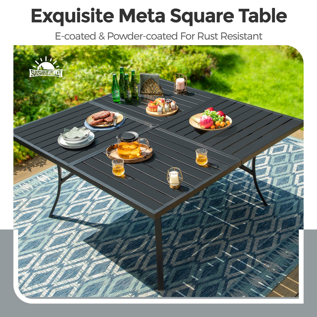 SUNSHINE VALLEY Patio Dining Set for 8, 60" x 60" Square Metal Table with Umbrella Hole, 8 x Stable Dining Chairs, Outdoor Table and Chairs Set for Lawn Backyard and Deck, Blue SUNSHINE VALLEY