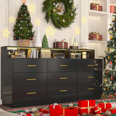 knoworld Black 9 Drawer Dressers for Bedroom, Modern Large Dresser with LED Light and Power Outlet, Wooden Long Dresser, Triple Dresser for Bedroom, Living Room, Entryway, Hallway