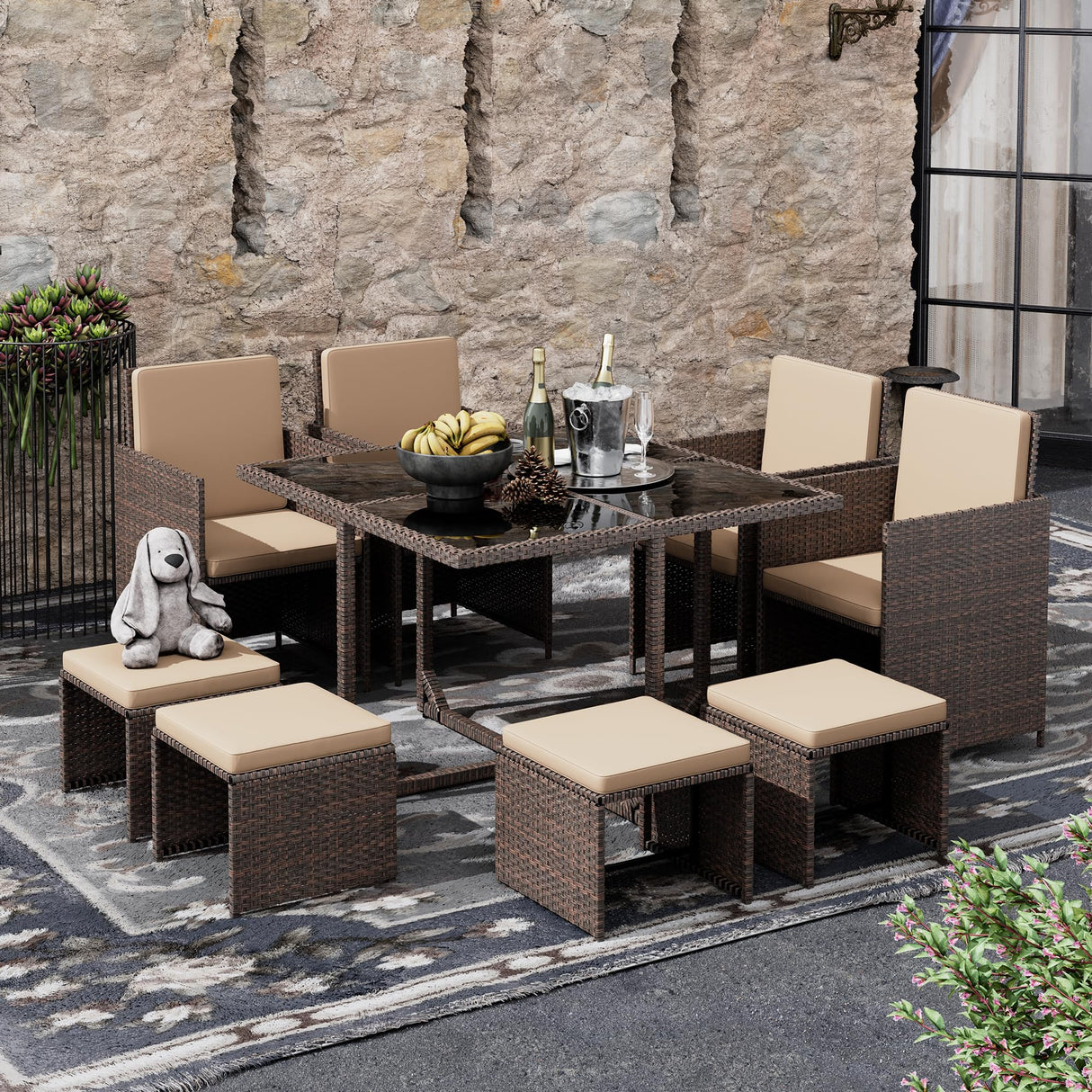 LHBcraft 9 Pieces Patio Dining Sets Outdoor Conversation Sets, Space Saving Wicker Chairs with Glass Table and Ottomans, Cushioned Seating and Back Sectional Dining Sets(BR-BE) LHBcraft
