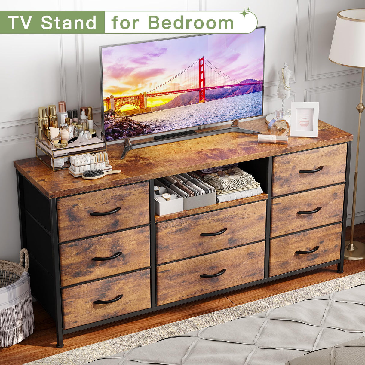 EnHomee Dresser for Bedroom with Power Outlets, 55" TV Stand Dresser with 8 Drawers, Fabric Dressers & Chest of Drawers for Living Room, Entryway, Rustic Brown EnHomee