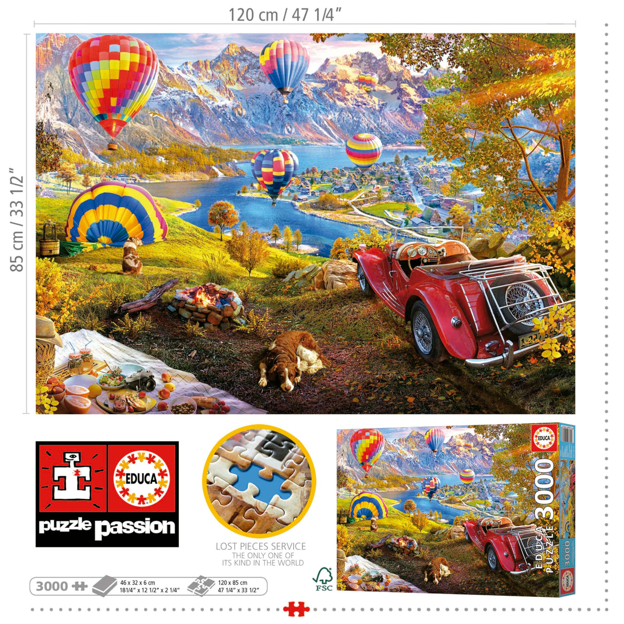 Educa - Hot Air Balloon Valley - 3000 Piece Jigsaw Puzzle - Puzzle Glue Included - Completed Image Measures 47.24"x 37.79" - Ages 14+ (19947) Educa