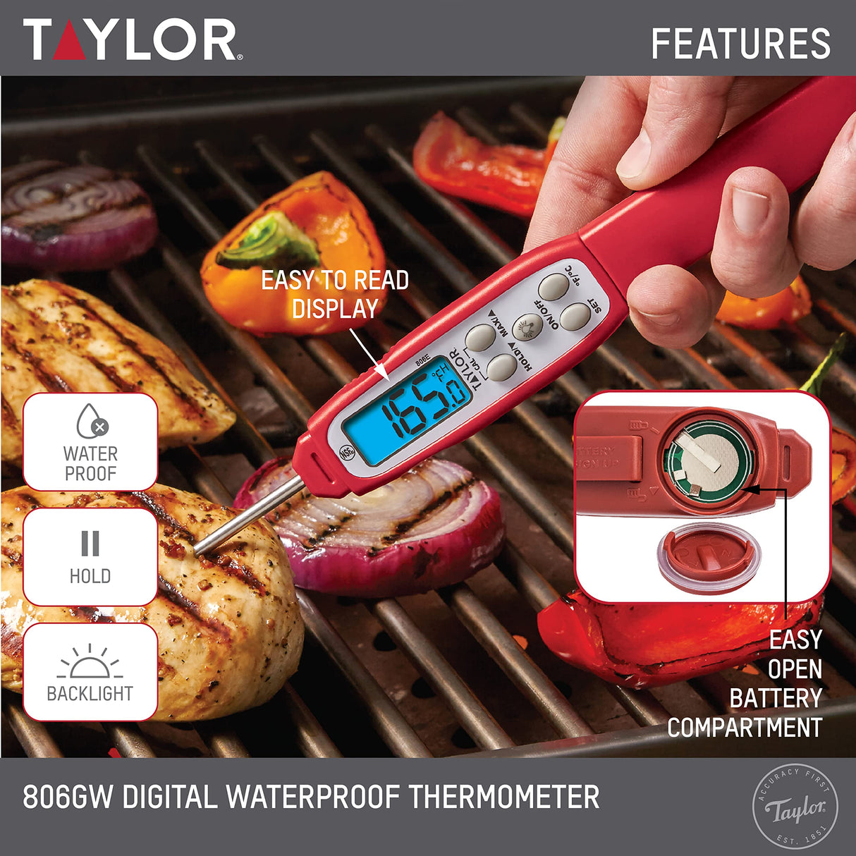 Taylor Digital Waterproof Thermometer with Bright Blue Backlight for Kitchen, Meat, Food, Grill, BBQ Cooking, Red, Standard,(806GW) Taylor