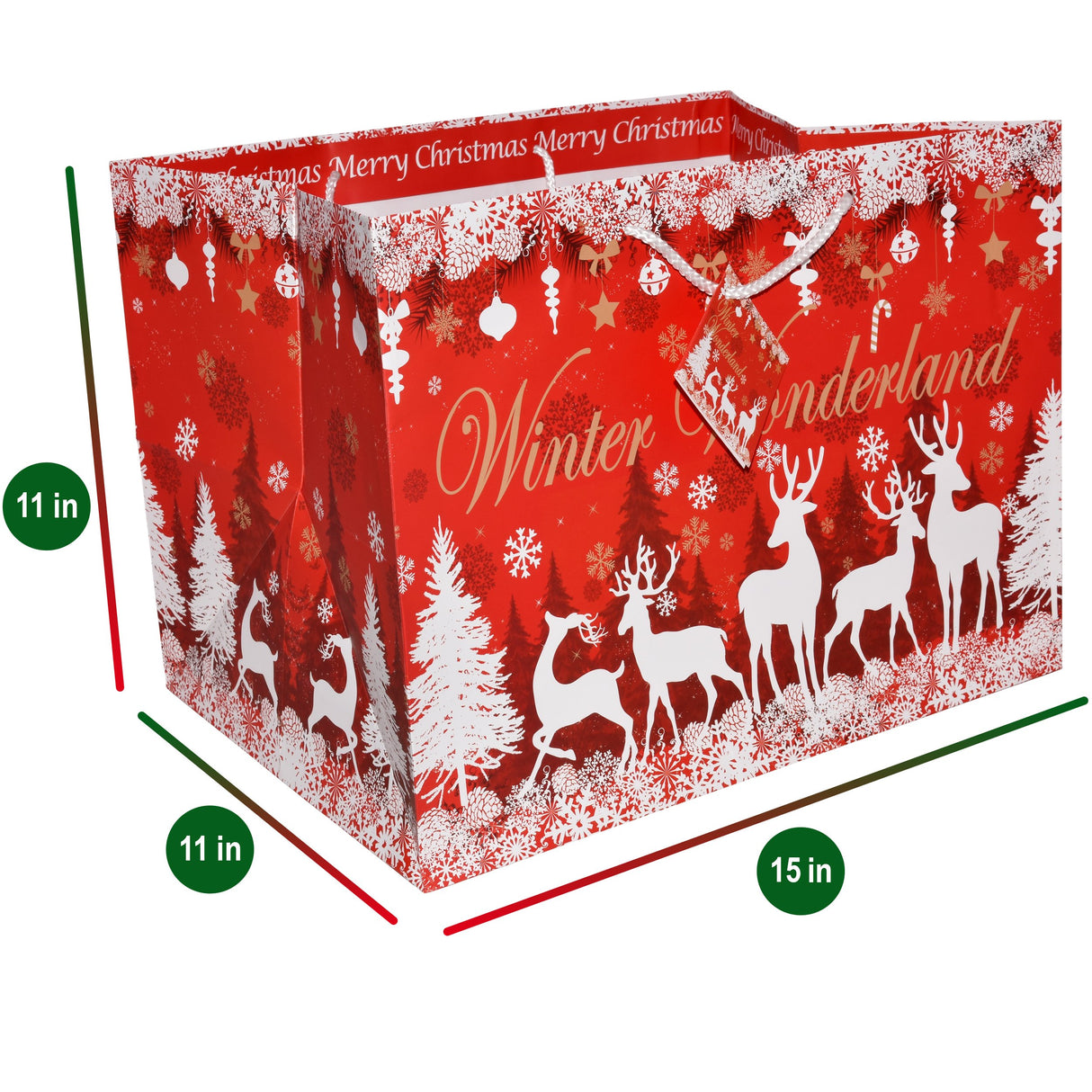 Gift Boutique 12 Jumbo Christmas Tote Bags with Handles 15" Wide X 11" High X 11" Deep Extra Wide Large Giant Reusable Grocery Shopping Paper Bags Big Gusset for Food Cookie Container & Foil Tin Pan Gift Boutique
