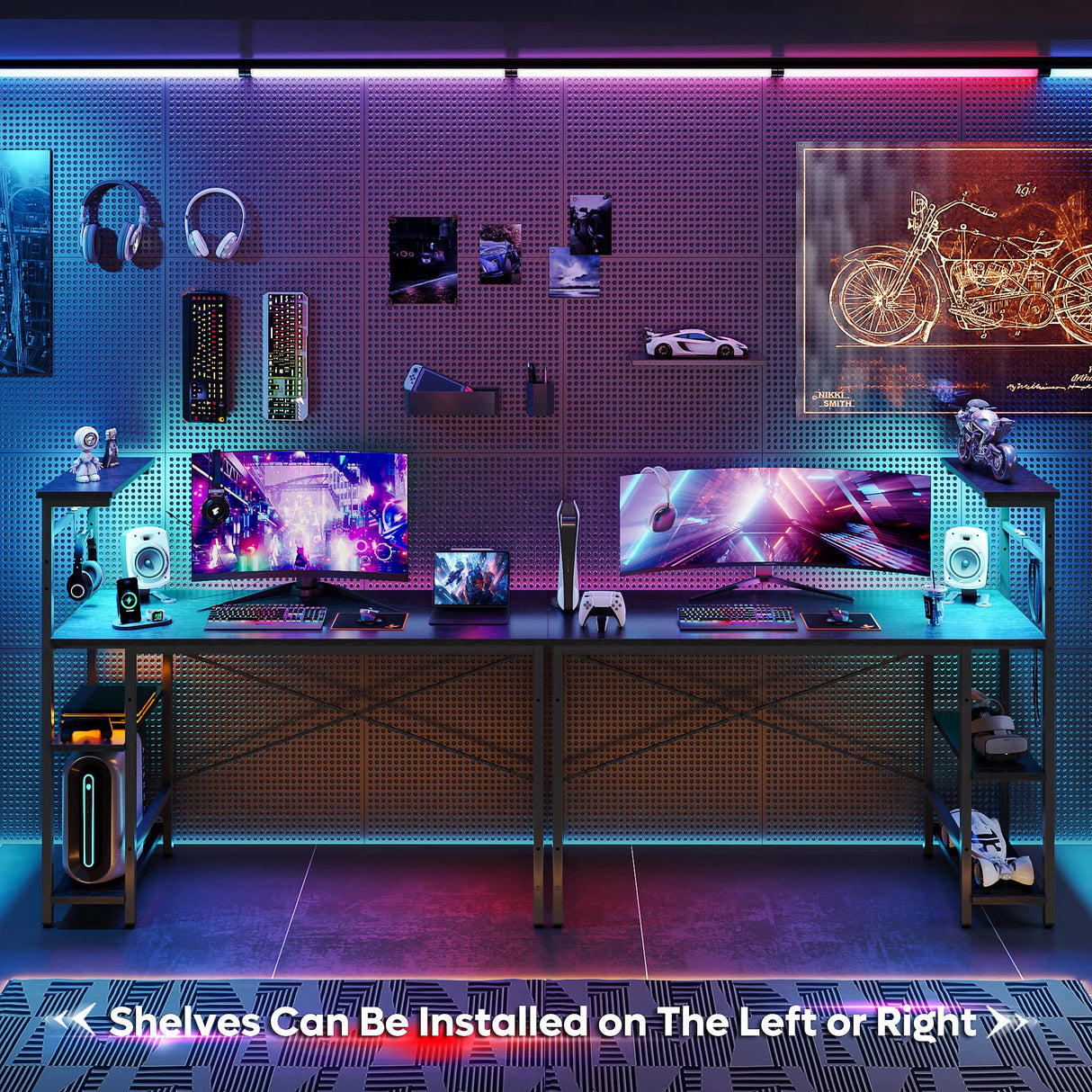 Bestier Gaming Desk with LED Lights, 51.3 Inch Computer Desk with 4 Tiers Reversible Shelves, Home Office Writing Desk with Side Storage Bag, Hooks and Height Adjustable Shelf (Black Grained) Bestier