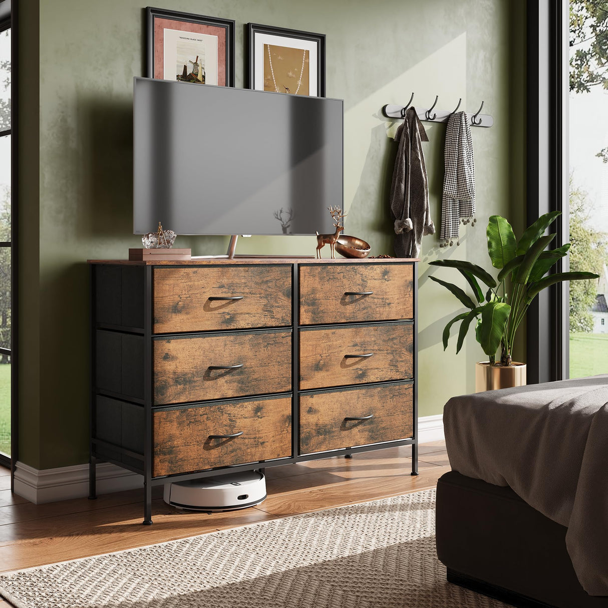 WLIVE Wide Dresser with 6 Drawers, TV Stand for 50 Inches TV, Entertainment Center with Metal Frame, Wooden Top, Fabric Storage Dresser for Bedroom, Hallway, Entryway, Rustic Brown Wood Grain Print WLIVE