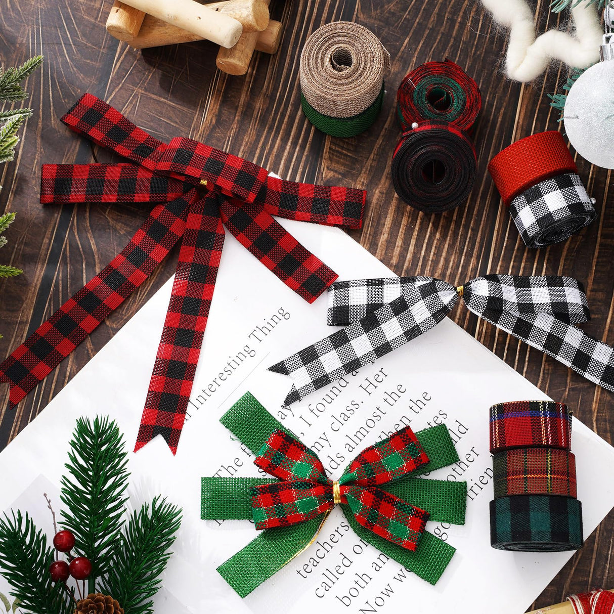 Whaline 10 Rolls 50 Yards Christmas Burlap Ribbon Rolls 1 Inch Wired Plaid Wrapping Ribbons Xmas Decorative Ribbon for Wreath Bow Gift Decor Whaline