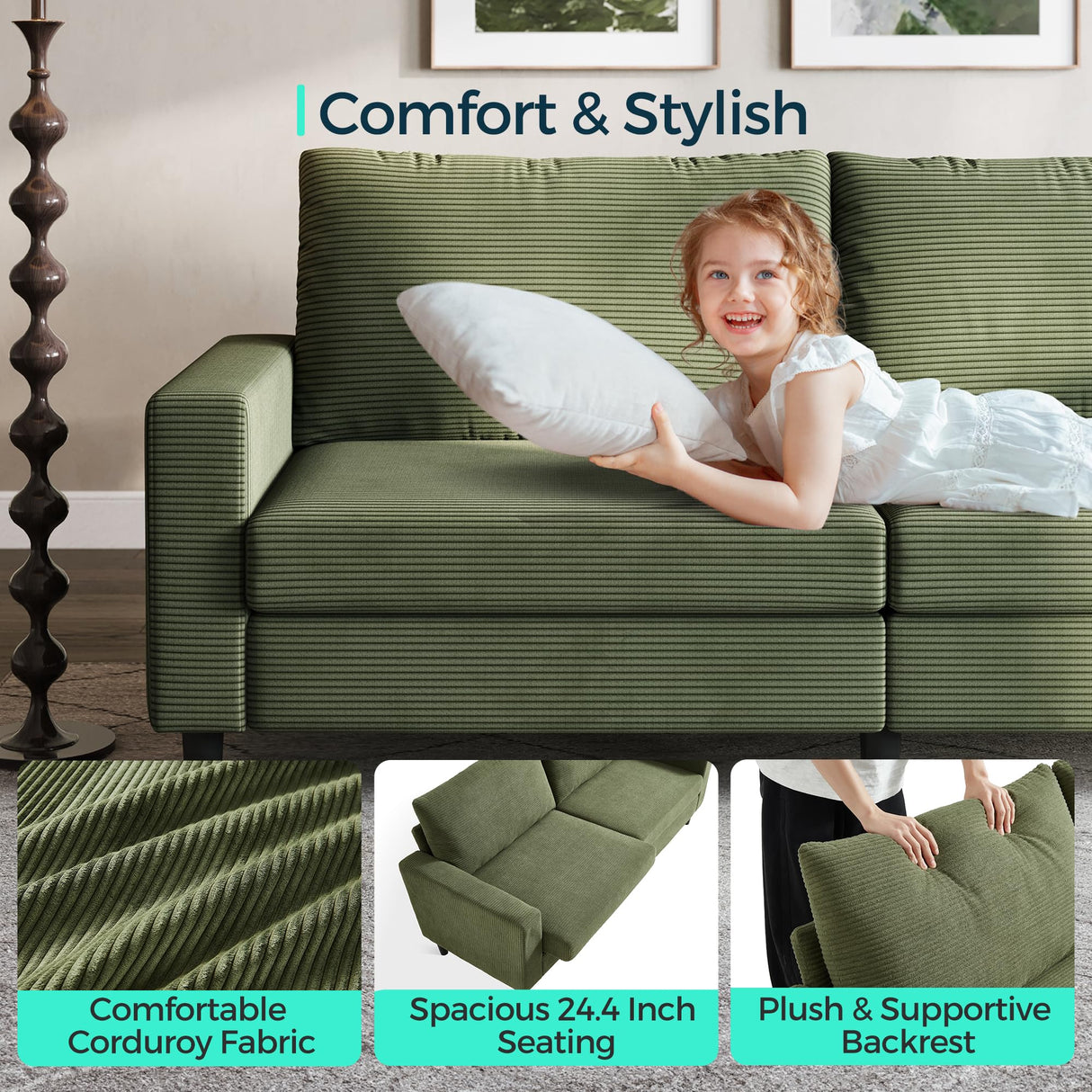 LINSY Modern Loveseat Sofa Couches for Living Room, Comfy Corduroy Sofa, Adjustable Seat Depth, Extra Deep Seats, Solid Wood Frame, Removable Cover, Love Seat Couch for Small Spaces (79inch, Green) LINSY