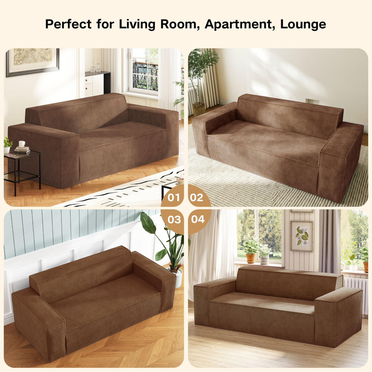 Swbvs Sofa-in-a-Box, Memory Foam 3-Seater Couch, No Installation & Easy to Transport, Deep Seat Modern Sofa with Corduroy Fabric, Couch for Living Room, Bedroom, Apartment, Home Office, Brown Swbvs