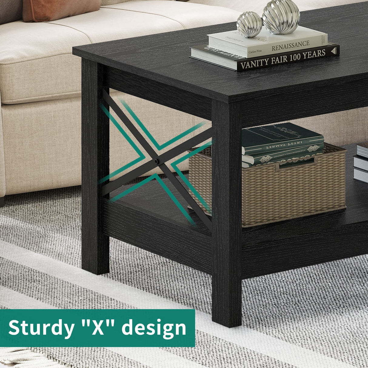YITAHOME Coffee Table for Living Room,Modern Farmhouse Coffee Table with Storage,2-Tier Center Table for Living Room Wood Living Room Table Accent Cocktail with Sturdy Frame,Black YITAHOME