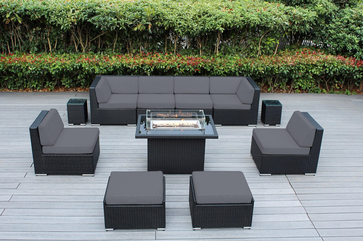 Ohana Depot 11 Piece Ohana Outdoor Patio Furniture Black Wicker Conversation Set with Fully Assembled Sectional and 42-inch Propane Gas Fire Table Ohana Depot