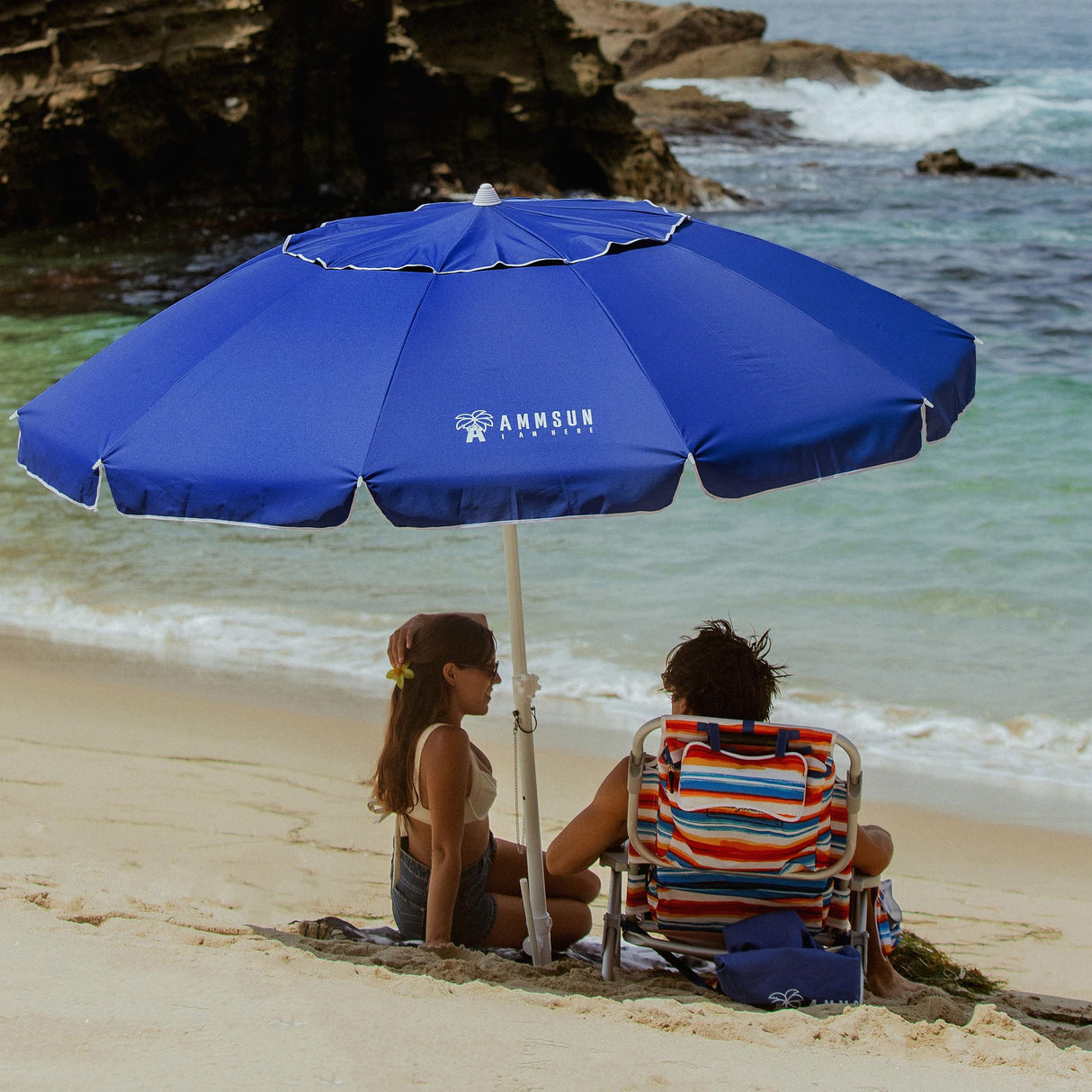 AMMSUN 8 Feet Large Beach Umbrella with Sand Anchor Heavy Duty High Wind Portable Outdoor Umbrellas UPF 50+ Protection Air Vent Tilt Patio Garden Pool Blue AMMSUN