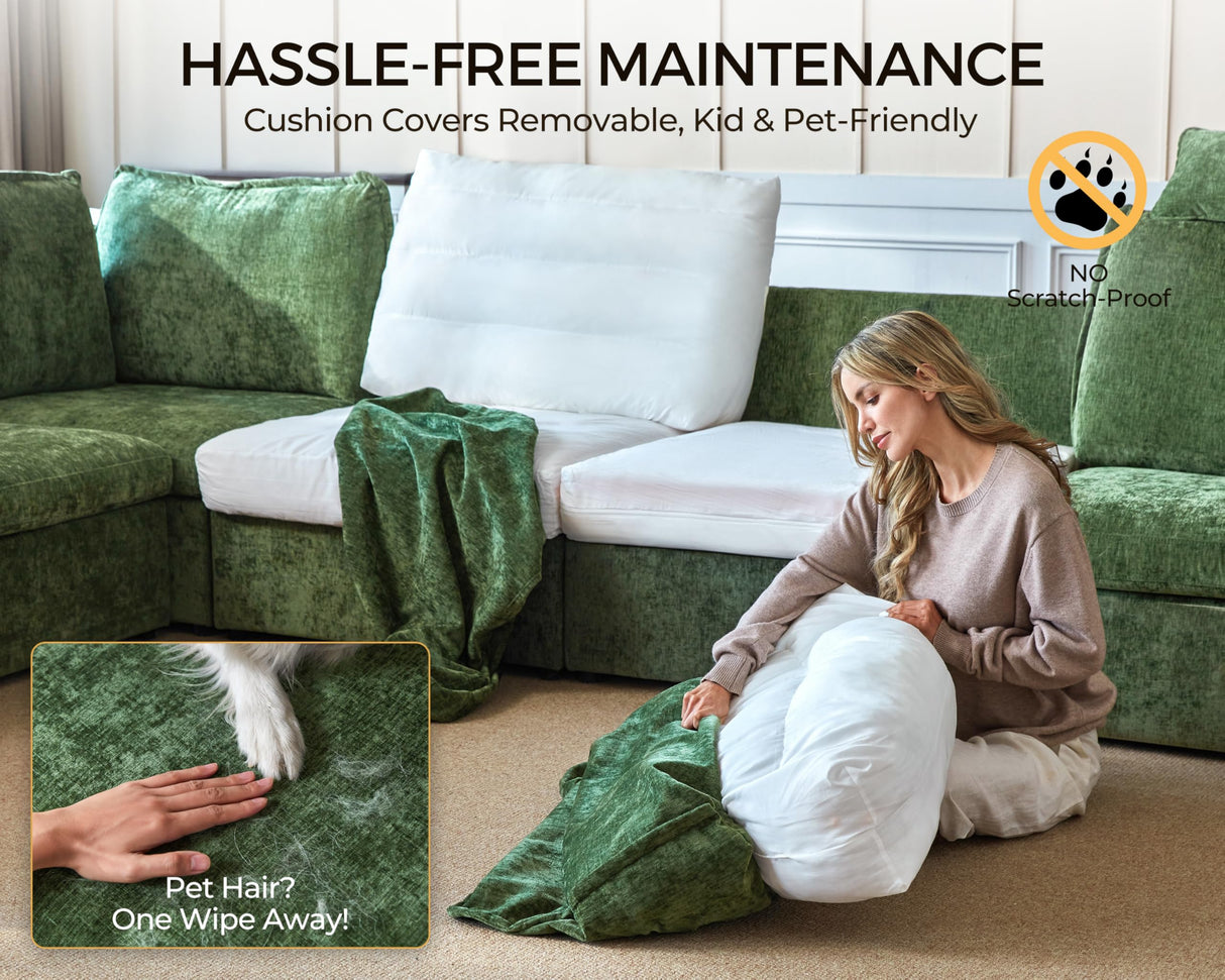 Bedeep Oversized Modular Sectional Sofa with Double Power Recliner, Cloud Reclining Couch with Headrest, Storage Drawer Charging Cup Holders, Deep L-Shaped 6 Seater with Corner, Chenille, Green Bedeep