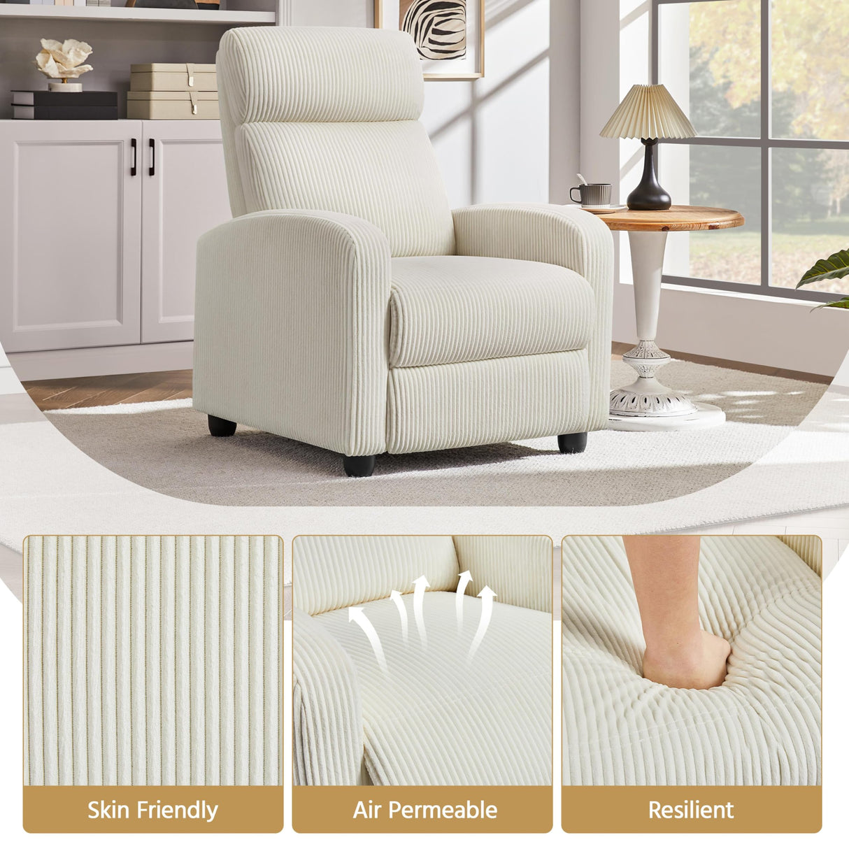 Topeakmart Corduroy Recliner Sofa Mid-Century Recliner Chair Single Reclining Chair Upholstered Sofa for Living Room Bedroom Home Theater Beige Topeakmart