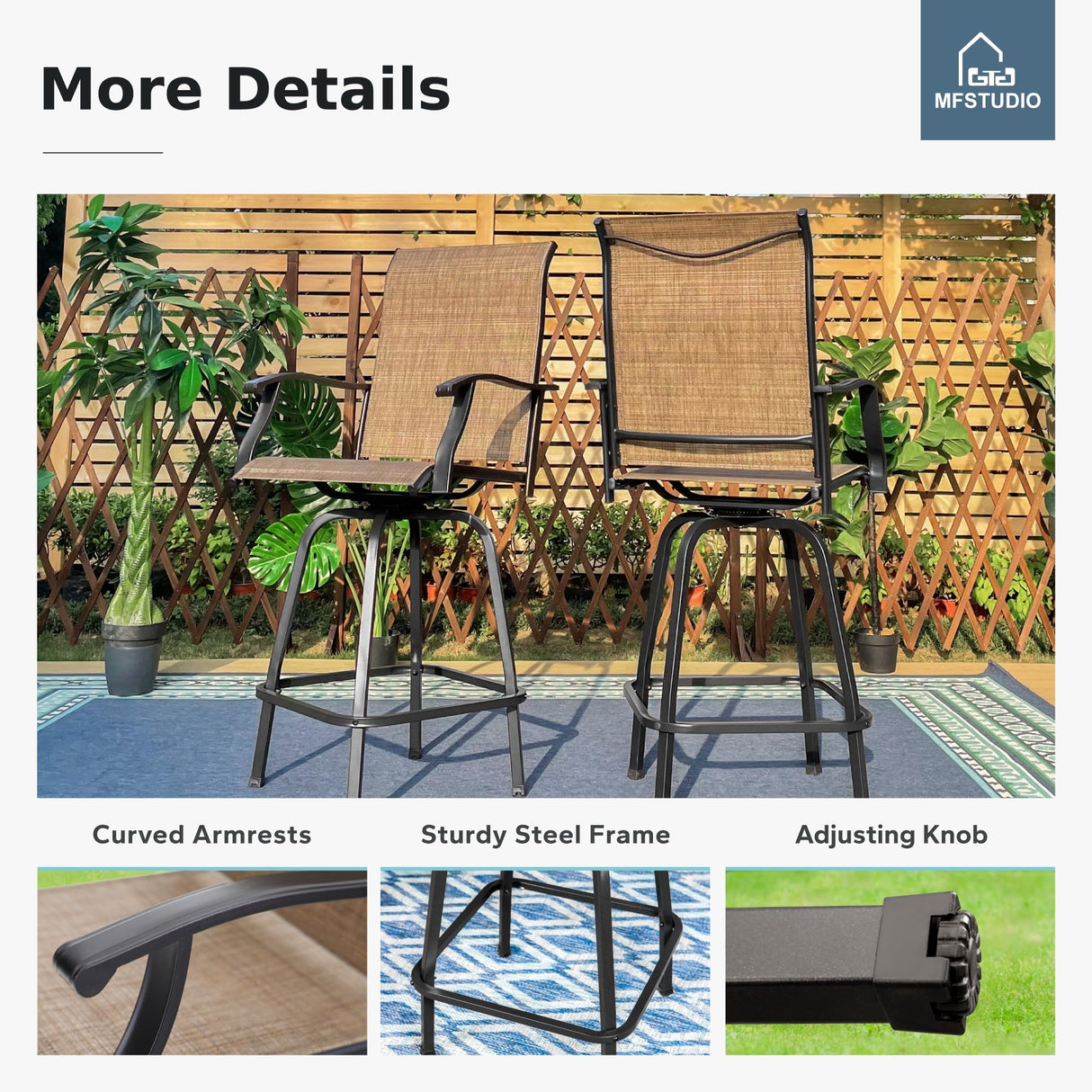 MFSTUDIO Patio Bar Set of 7, Outdoor Bar Height Table and Chairs, 1 x Heavy Duty Metal Slat High Top Bar Table with 6 x Swivel Outdoor Bar Stool, Breathable Textilene Fabric MFSTUDIO