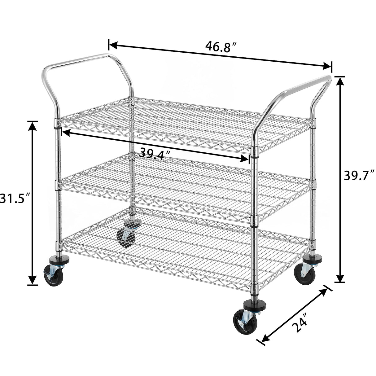 Finnhomy 3-Tier Commercial Grade Rolling Cart, Heavy Duty Utility Cart, Carts with Wheels and Handles, Kitchen Cart on Wheels, Metal Serving Cart with 600 lbs Capacity, Shelf Size 24" D x 40" W, NSF Finnhomy