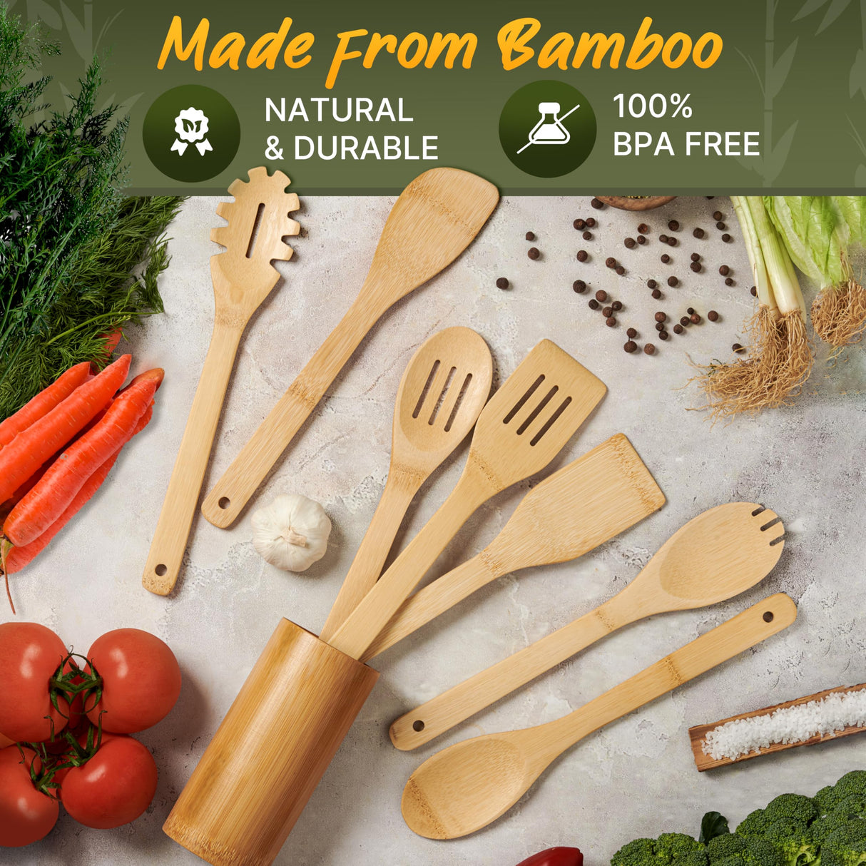 Bamboo Wooden Spoons for Cooking 7 PCs with Holder – Wooden Cooking Utensils + Holder for Nonstick – Wooden Utensil Set – Easy to Clean, Sturdy, Lightweight & Heat Resistant WOODENHOUSE LIFELONG QUALITY