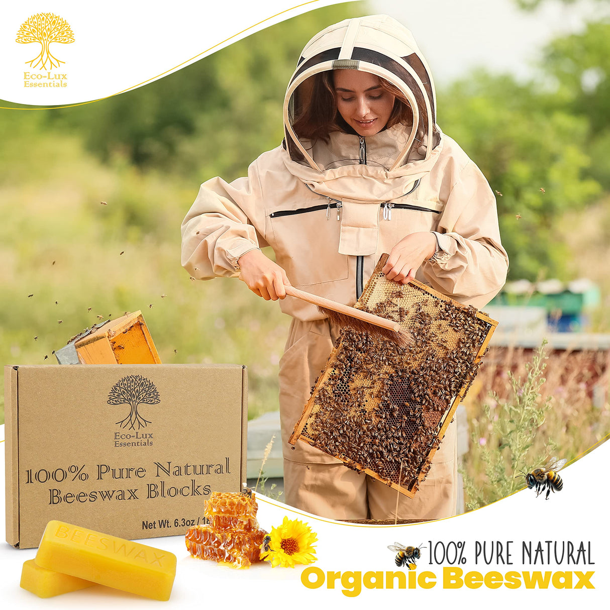 Eco Lux 8 Yellow Beeswax Blocks 100% Pure Natural Organic Bees Wax 6.5oz Eco-Lux Essentials