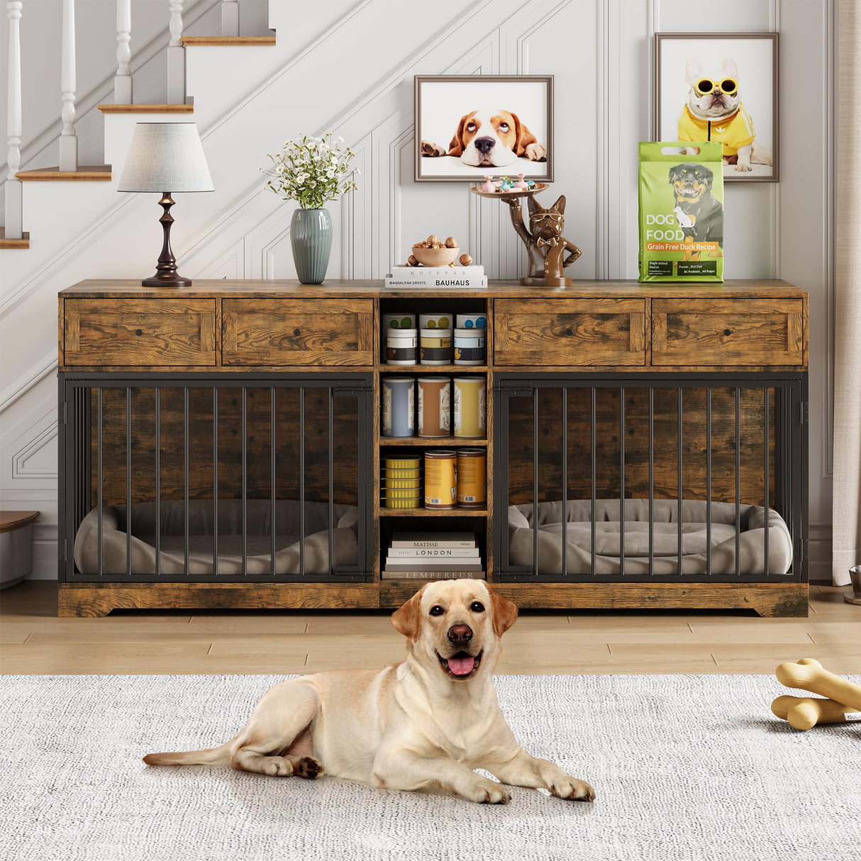 IDEALHOUSE 82” Large Dog Crate for 2 Dogs, Dog Kennel Indoor with 4 Drawers and Shelves, Double Dog Crate Furniture TV Stand, Wooden Dog Cage for Medium Large Dogs, Brown IDEALHOUSE