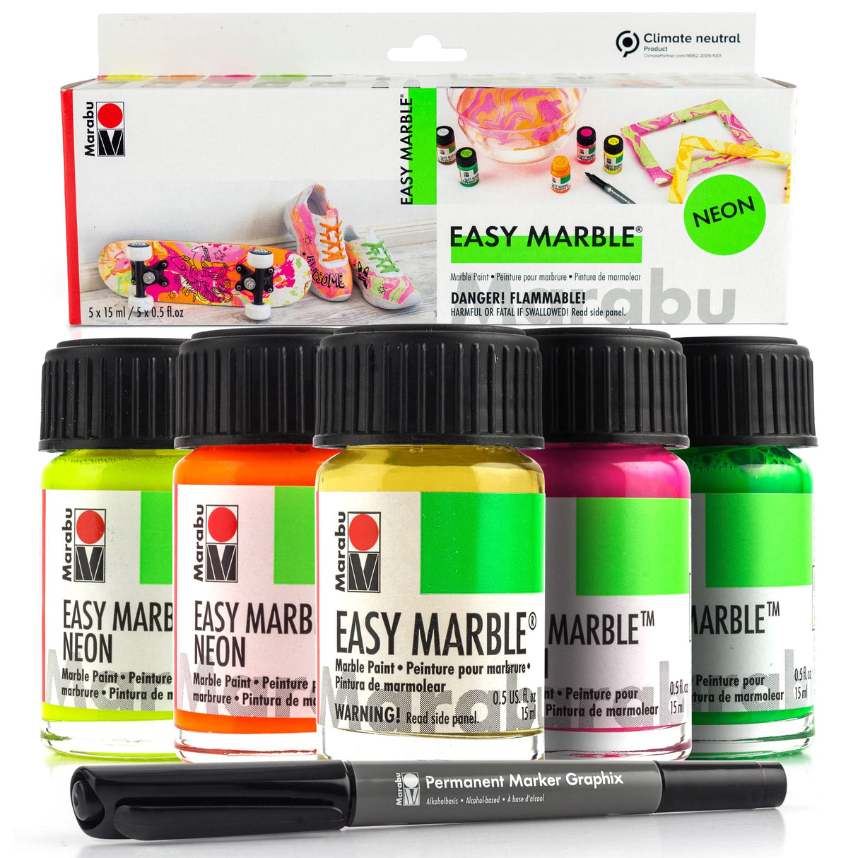 Marabu Easy Marble Paint Set - Neon Colors Starter Set - Marbling Paint Kit for Kids and Adults - Hydro Dipping Paint for Tumblers, Ceramic, Paper, Glass, Plastic - 5 x 15ml Bottles Marabu