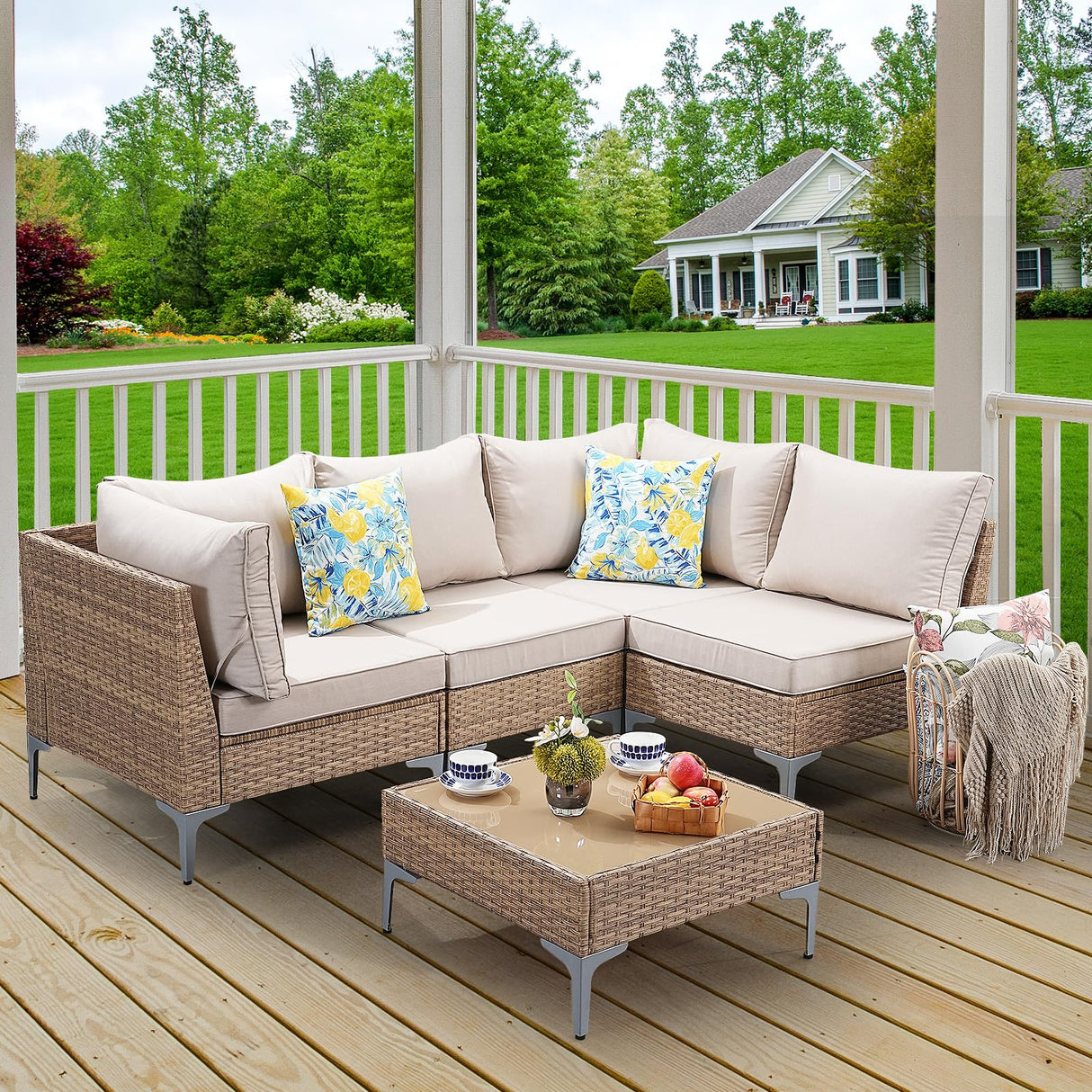 SunloungeCo 5-Piece Patio Furniture Set, Outdoor Wicker Sectional Sofa with Coffee Table, Anti-Slip & Thick All-Weather Cushions for Sunroom,Garden,Backyard, Beige SunloungeCo