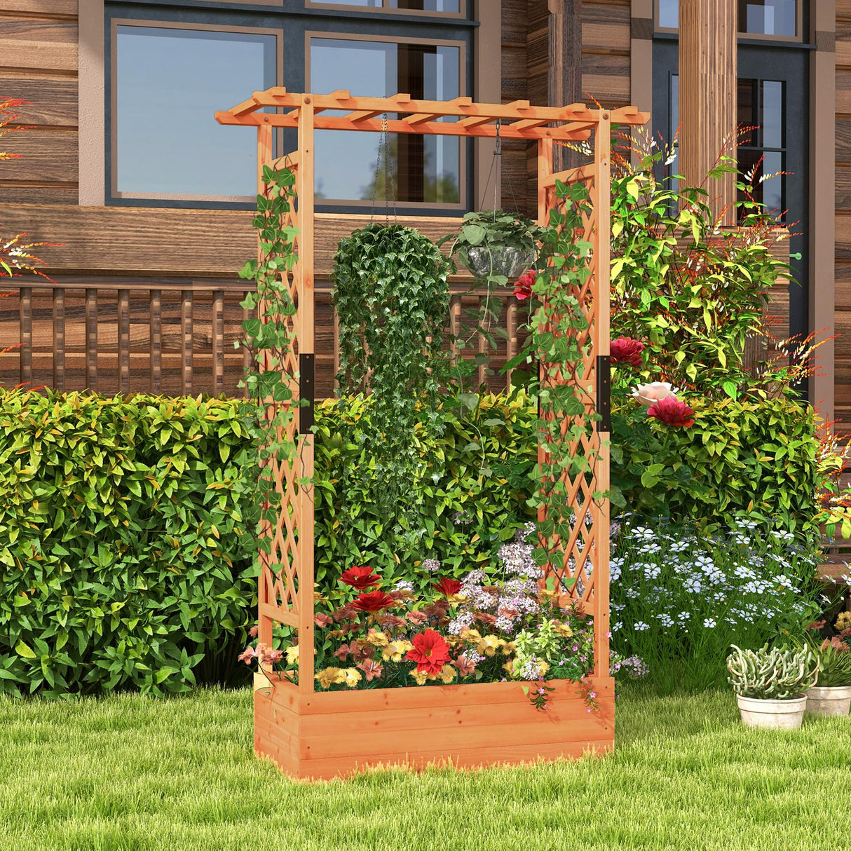 LDAILY Moccha Raised Garden Bed with Trellis, Wood Garden Planter with Hanging Roof, Drainage Holes, Freestanding Elevated Planter Box for Climbing Plants, Vines, Flowers, 43.5" x 17.5" x 72" LDAILY