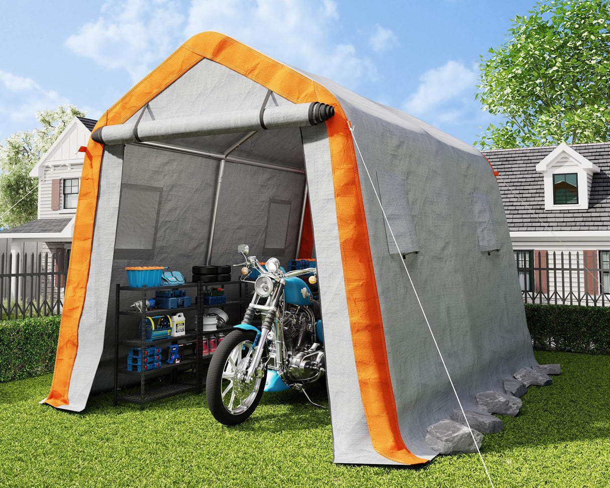 AMERLIFE 8x10x8 FT Heavy Duty Portable Shed Storage Shelter, Outdoor Storage Shed with 4 Waterproof Windows & Roll-up Zipper Door, Carport for Motorcycle, Bike, Grey AMERLIFE