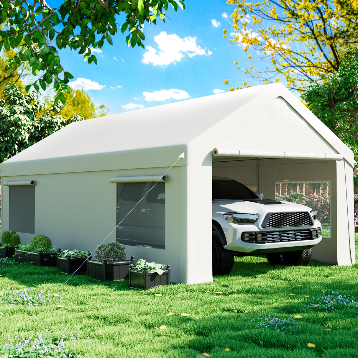 AirWire Carport 12' x 20' Heavy Duty Portable Garage, Carport Canopy with Side-Opening Door & Roll-Up Windows, Car Canopy Reinforced Four-Hole Base for Car, Truck, Boat, Party, White AirWire