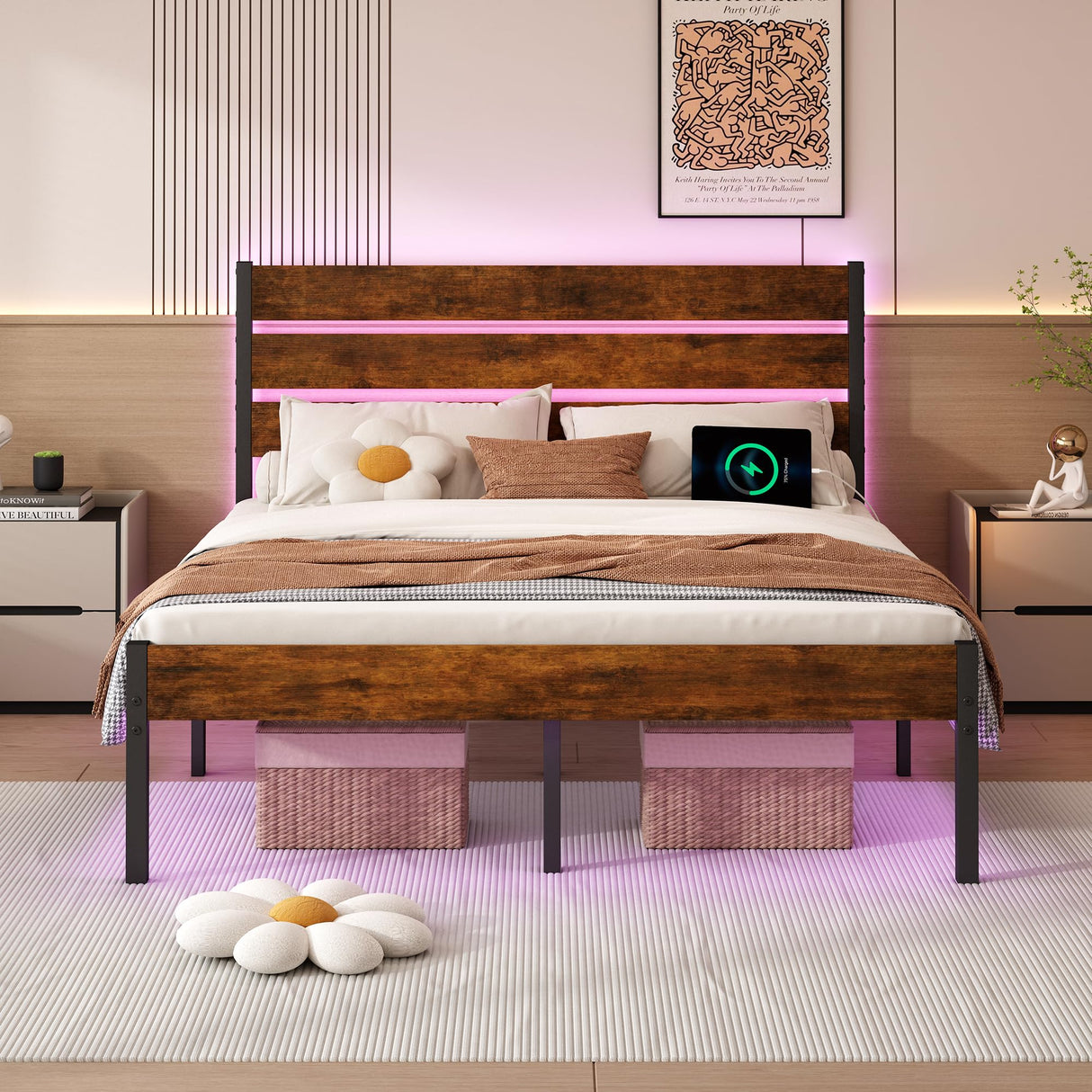 Chuangshuo Guard Full Size Bed Frame with Headboard,Heavy Duty LED Bed Frame with USB Charging Station,Mattress Foundation-Under Bed Storage, No Box Spring Needed, Noise Free,Brown Chuangshuo Guard