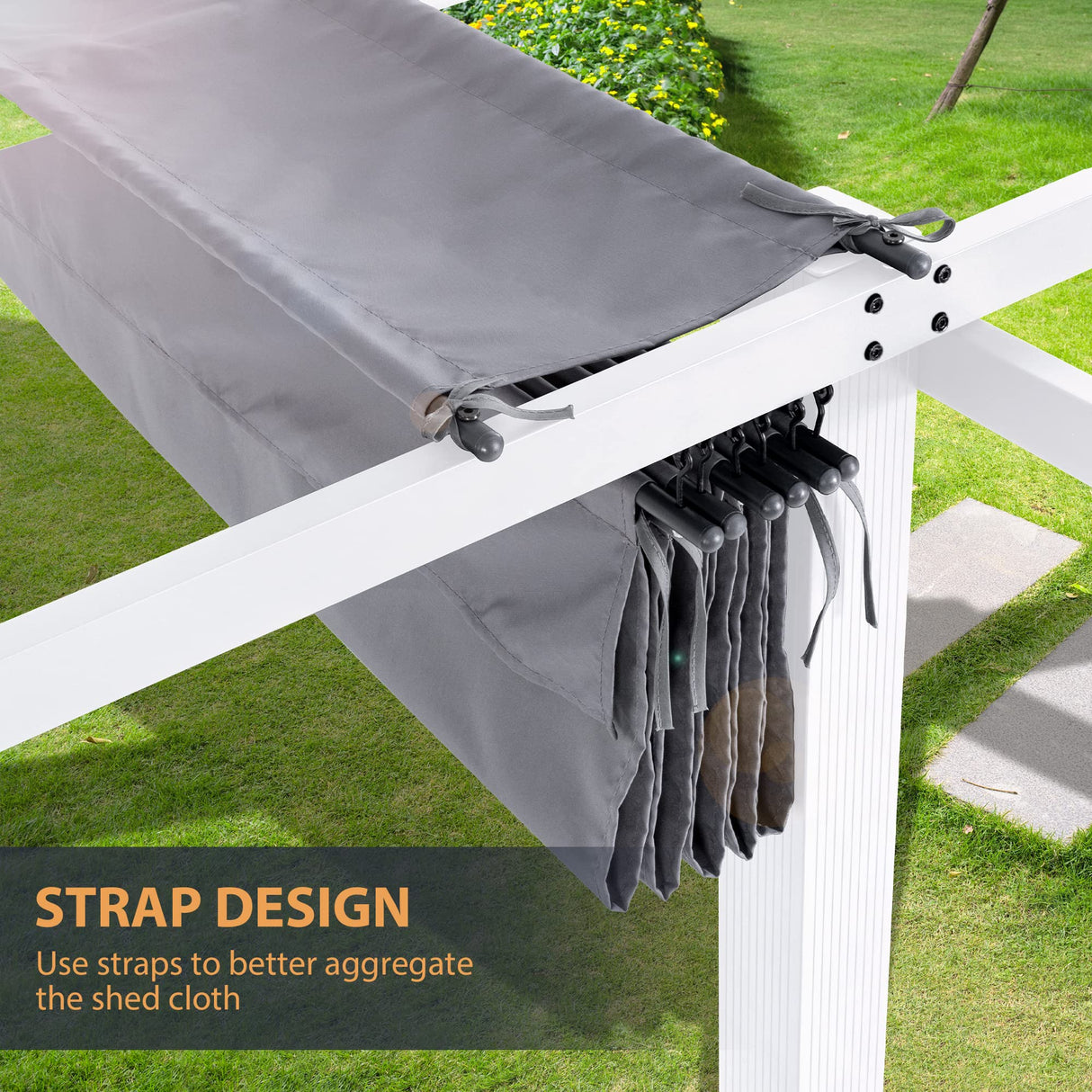 HAPPATIO 10' X 10' Pergola Retractable Pergola Canopy with White Frame for Backyards, Gardens, Patios, Outdoor Pergola with Sun Shade Canopy, Includes Ground Studs and Expansion Screws (Gray) HAPPATIO