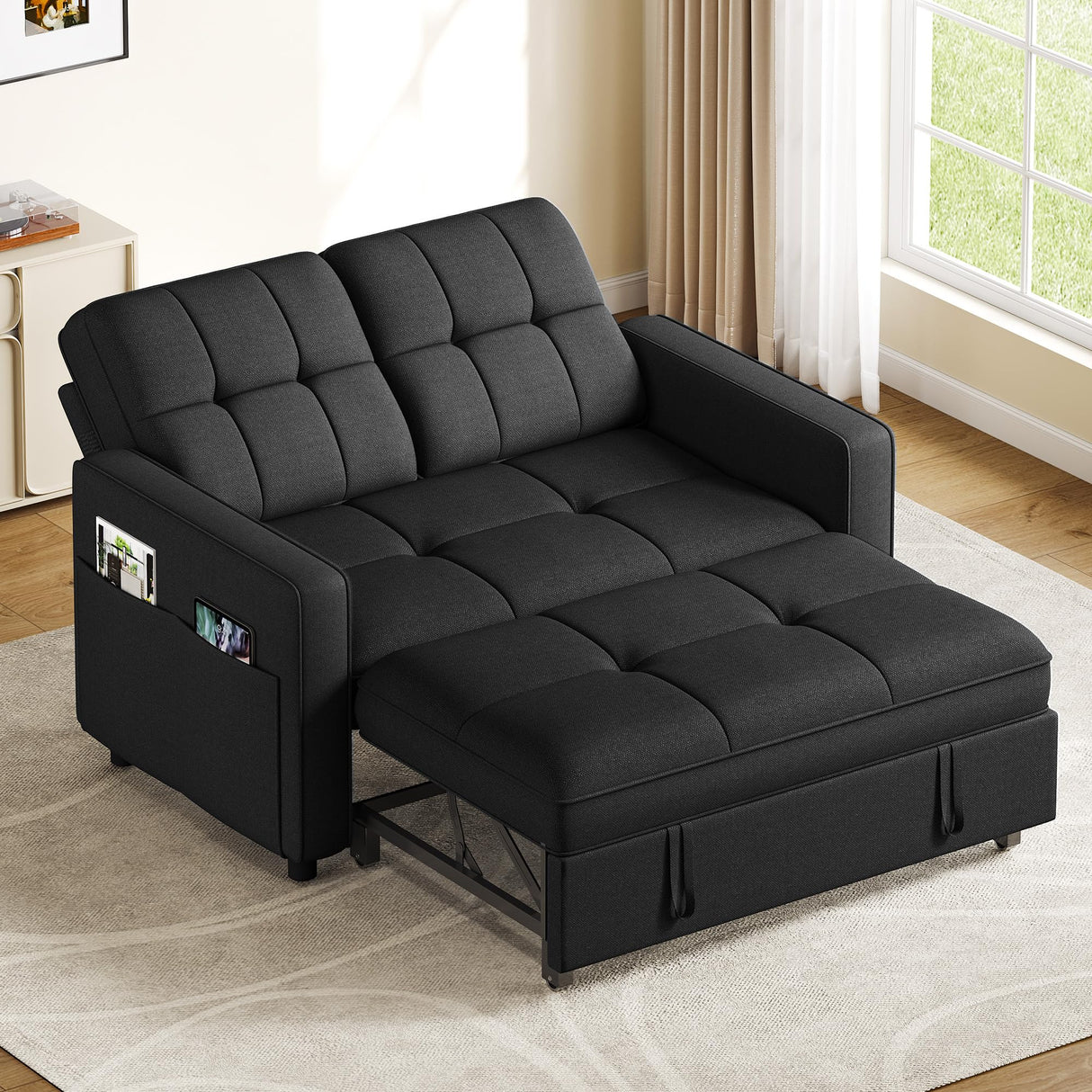YITAHOME 55" Convertible Sofa Bed, 3-in-1 Sleeper Sofa with Iron Frame Pull-Out Bed, Linen Futon Couch with Reclining Backrest and Side Pocket, Modern Loveseat for Living Room Bedroom Apartment, Black YITAHOME