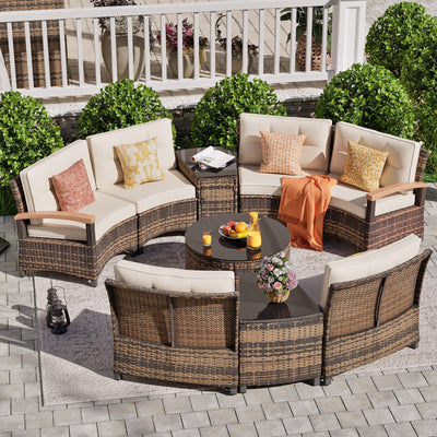 MEISSALIVVE 9 Piece Outdoor Patio Furniture Set, Half-Moon Curved Sectional Sofa Rattan Conversation Set with Wood Armrests, Coffee Table & Side Table(Brown)