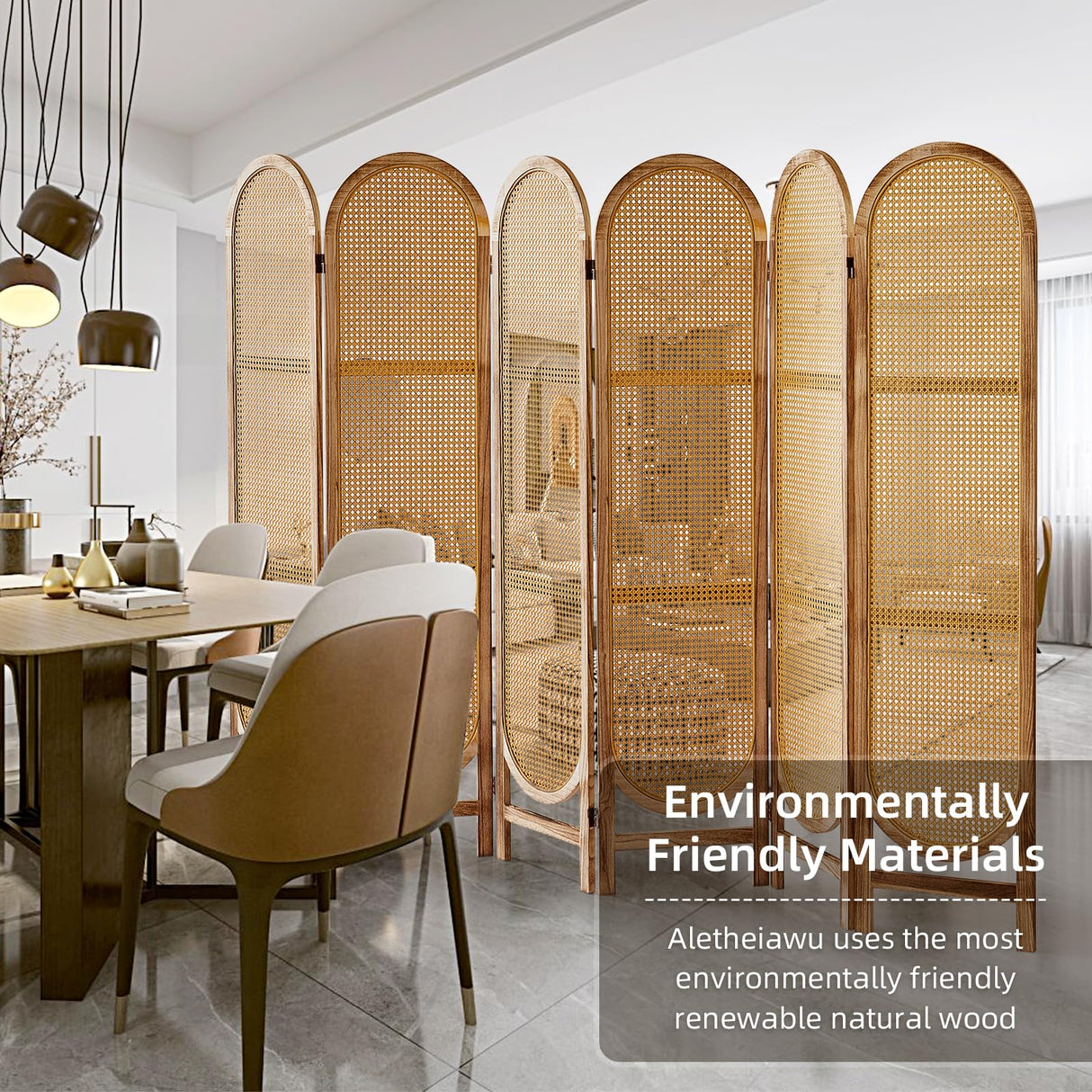Aletheiawu 6 Panel Room Divider, 5.6 Ft Foldable Wood Room Divider Screen, Hand-Woven Rattan Folding Privacy Screens with Double Hinges, Wall Divider for Room Separation Bedroom Home Office - Natural Aletheiawu