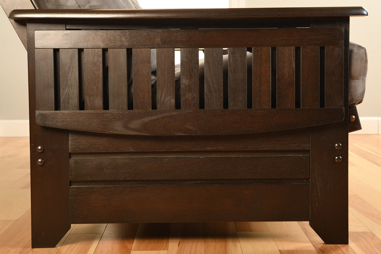 Phoenix Full Size Futon Couch with Espresso Finish with Suede Black Mattress Included - Wooden Frame - Solid Hardwood Construction Kodiak Furniture