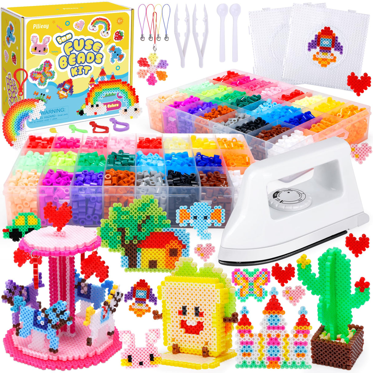 Pllieay 5mm Fuse Bead Kit with Upgraded Iron, 48 Colors Melty Beads for Craft, Iron Beads Set Including 2 Pegboards, Ironing Paper and Chain Accessories for Arts Crafts Easter Christmas Birthday Pllieay