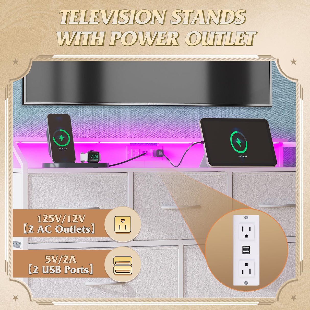 WLIVE Led Dresser for Bedroom, White Dresser TV Stand for Bedroom with LED Lights and Power Outlet, Wide Chest of Drawers for Hallway, 8 Fabric Drawers for Living Room and Entryway, Easy to Assemble WLIVE