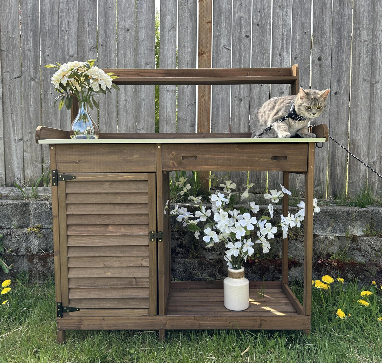 PetsCosset Garden Potting Benche Table Outdoor Wooden Work Station W/Metal Table top,Cabinet,Drawer,Large Bottom Shelf,Open Shelf Natural Wood-Brown-Brown PetsCosset