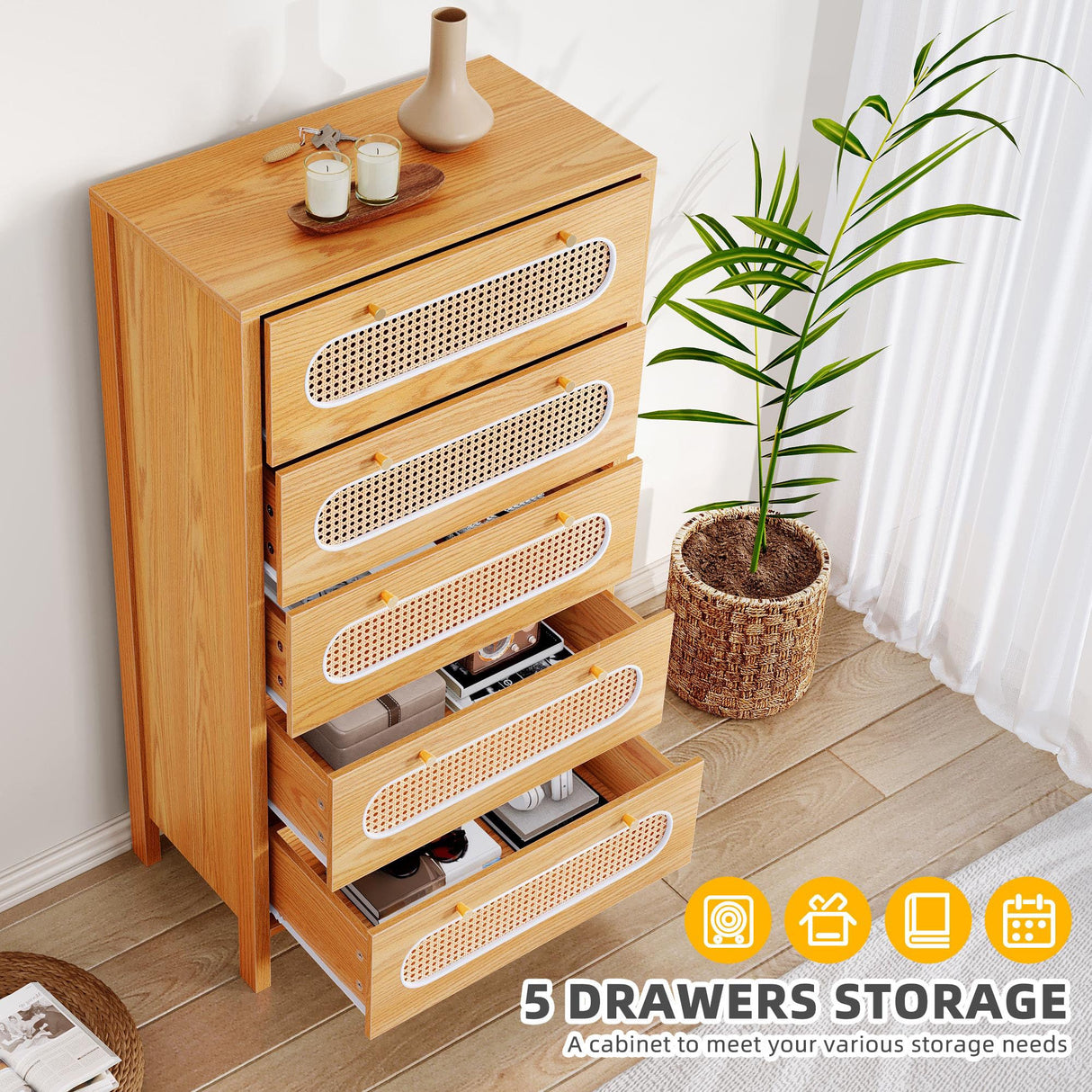 DWVO 47" Tall Natural Rattan 5 Drawer Dresser, Boho Dresser Chest of Drawers with Golden Handles, Wood Dresser Storage Cabinet for Hallway, Entryway, Hold up to 300lbs, Oak DWVO