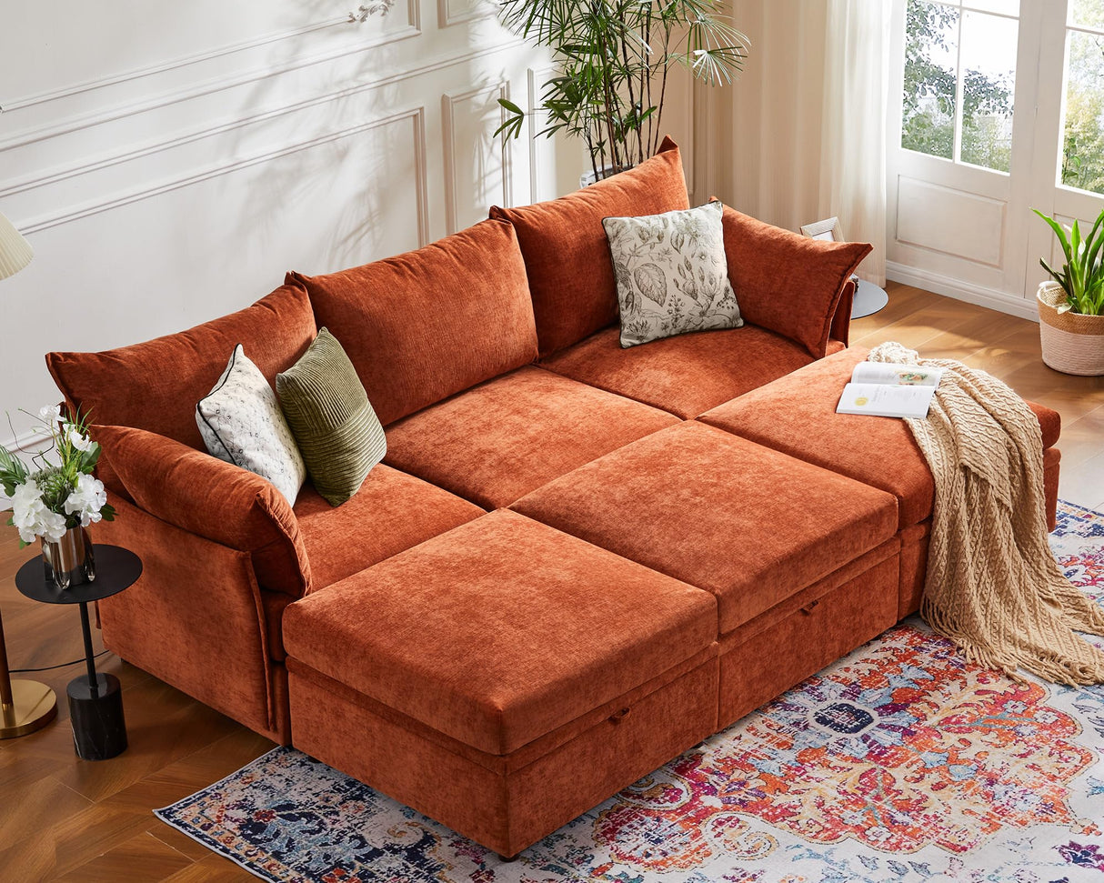 ABCASA Luxury Modular Sectional Sofa w/Storage Otoman, 99" U Shaped Modular Couch with Reversible Chaise, 5 Seater Sofa for Living Room, Apartment, Compact Spaces - Chenille Terracotta ABCASA