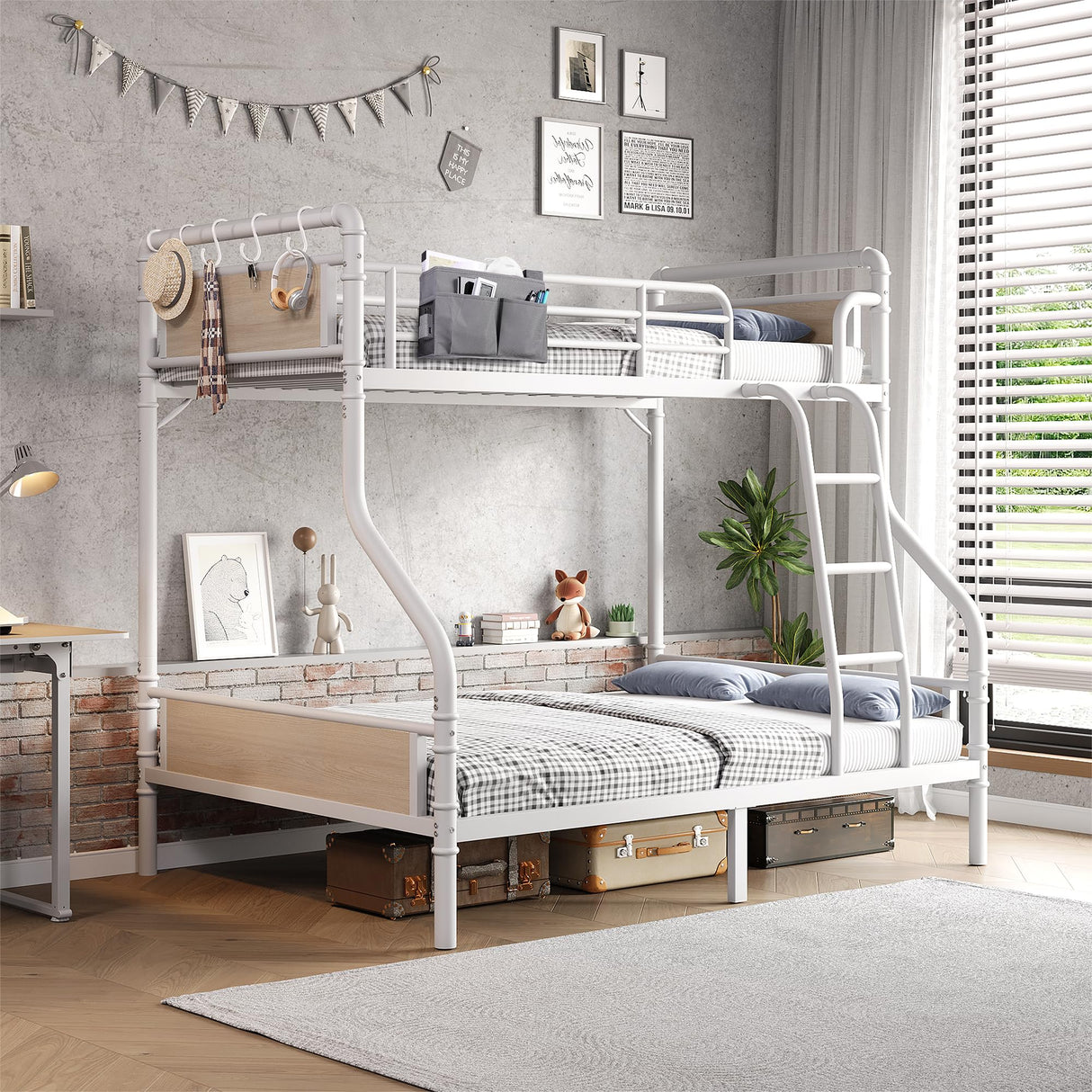 Jocoevol Bunk Bed Twin Over Full, Heavy Duty Metal Bunkbeds with Ladder and Full-Length Guardrail, Convertible into 2 Individual Beds for Kids, Teens and Adults, Under-Bed Storage Space, White Jocoevol