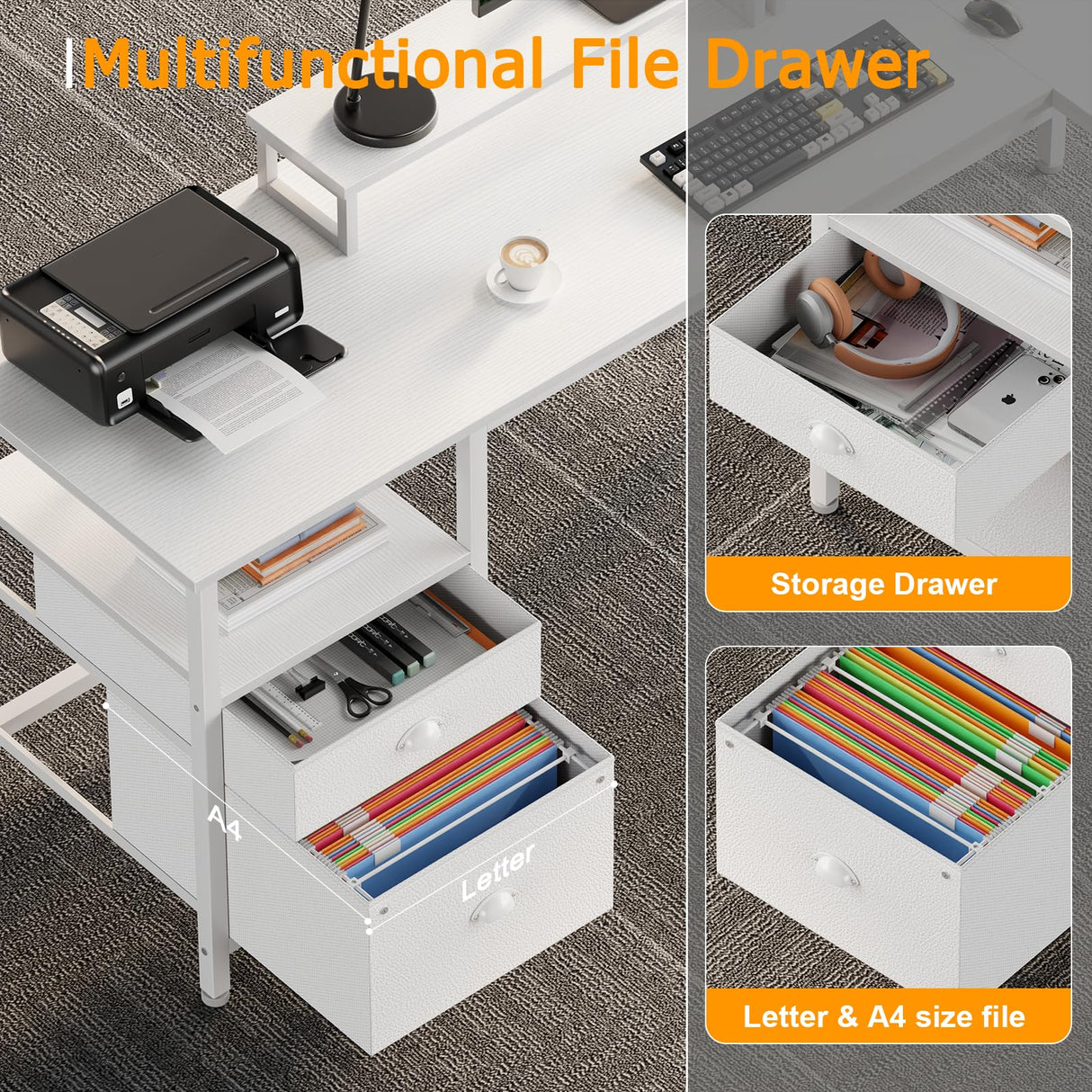 Furologee White 59” L Shaped Desk with Power Outlet, Reversible Computer Desk with File Drawer & 2 Monitor Stands, Corner Home Office Desk with Storage Shelves for Gaming Writing Furologee
