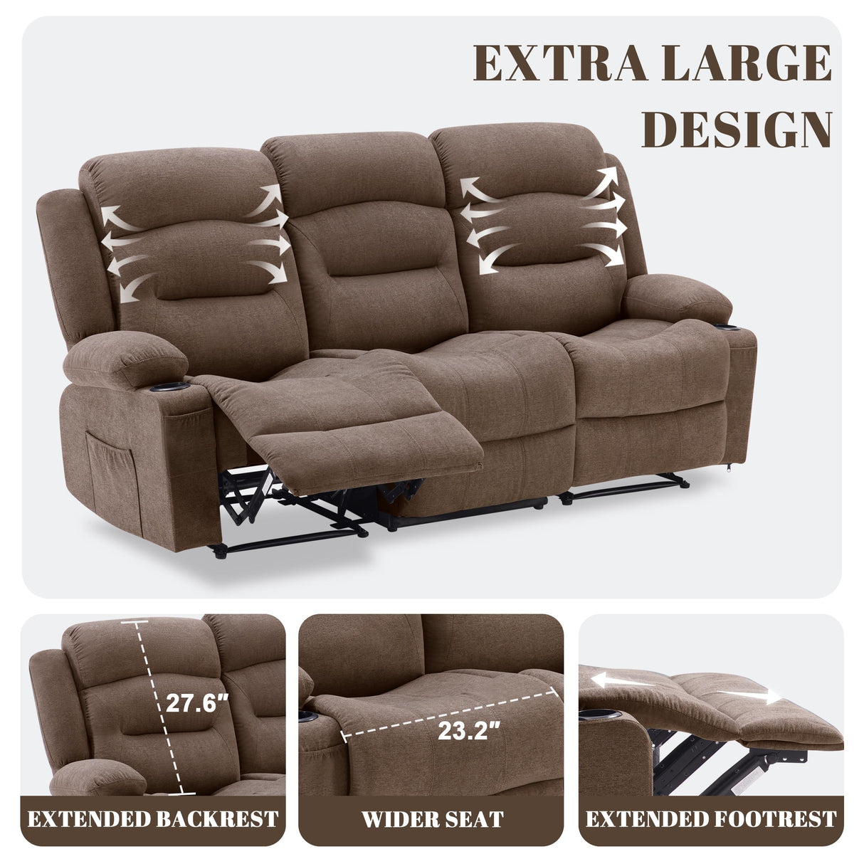 Reedvales Oversized Recliner Sofa with Heat and Massage, Big Large 3-Seater RV Recliner Couch Sofa for Living Room, Wall-Hugger Reclining Sofa with Cup Holders and USB Port (Fabric, Brown) Reedvales