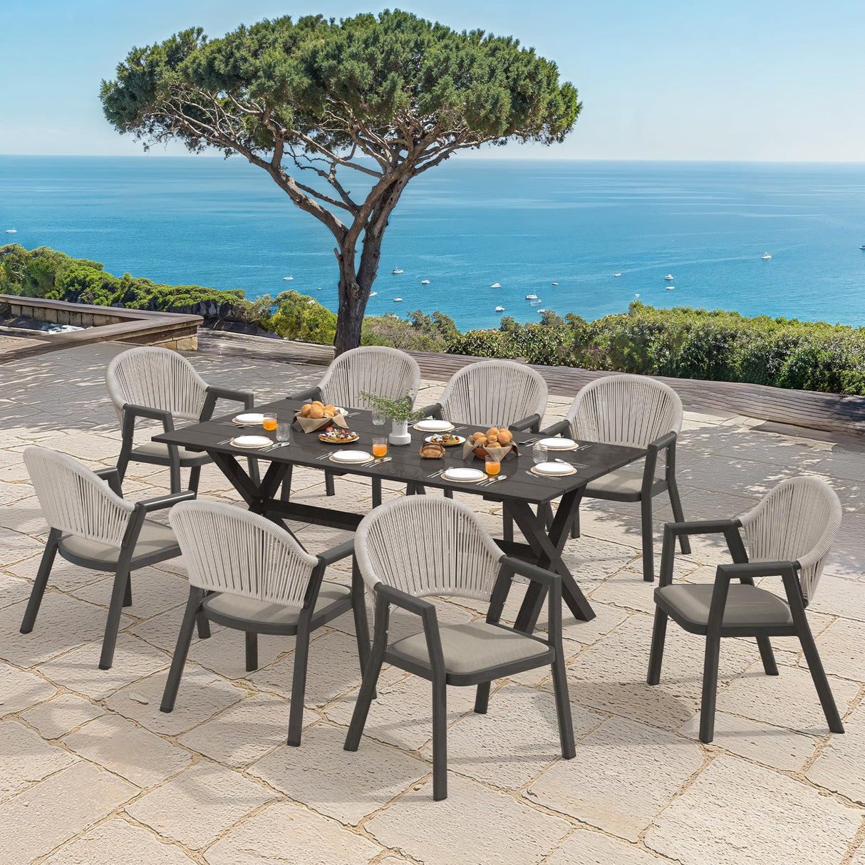 Cozyman 9-Piece Patio Furniture Set, All-Weather Resistant 79 Inch Aluminum Outdoor Dining Set with PE Wicker Chairs, Beige Almond Cozyman