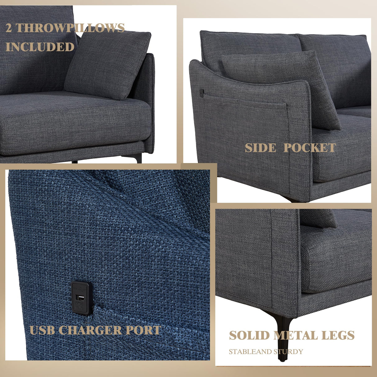 Plococo Simple Style Modern Loveseat Couch Sofa with USB Charge Port, 2 Pillows,Metel Legs for Primary Living Space, Bed Room, Office (Grey) Plococo