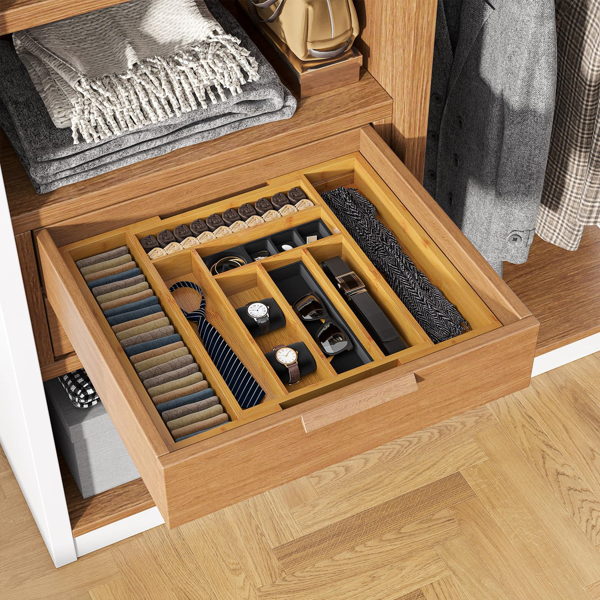 Pipishell Bamboo Expandable Drawer Organizer for Utensils Holder, Adjustable Cutlery Tray, Wood Drawer Dividers Organizer for Silverware, Flatware, Knives in Kitchen, Bedroom, Living Room Pipishell