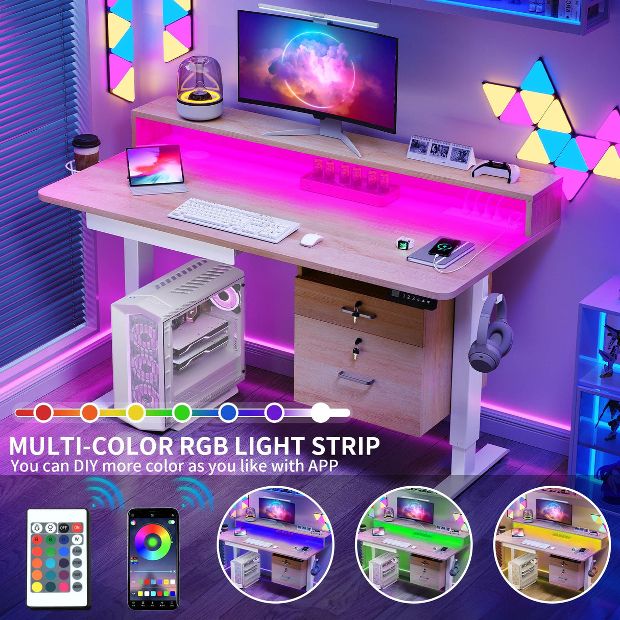 YITAHOME Height Adjustable Electric Standing Desk with Drawers, 48 x 24 Inches Sit Stand Desk with Power Outlets & LED Lights, Electric Desk Stand Up Desk with Monitor Stand, Oak YITAHOME