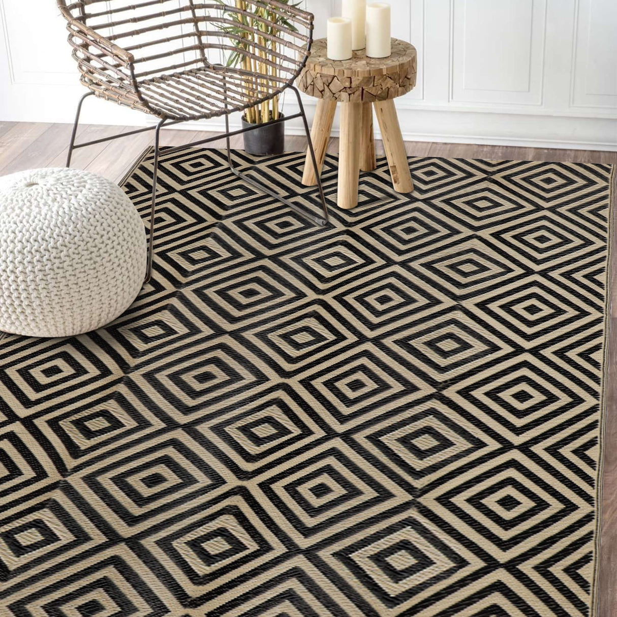 Ridota Reversible Mats, Outdoor Patio Rugs, Plastic Straw Rug, Modern Area Rug, Floor Mat for Outdoors, RV, Patio, Backyard, Deck, Picnic, Beach, Trailer, Camping (Diamond Black & Beige, 5' x 8') Ridota